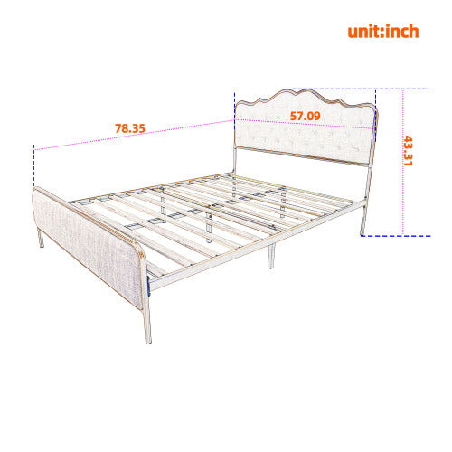 Royard Oaktree Metal Bed with Classic Button Tufted Upholstered Headboard and Footboard Modern Platform Beds Frame with Solid Wood Slats, No Box Spring Needed