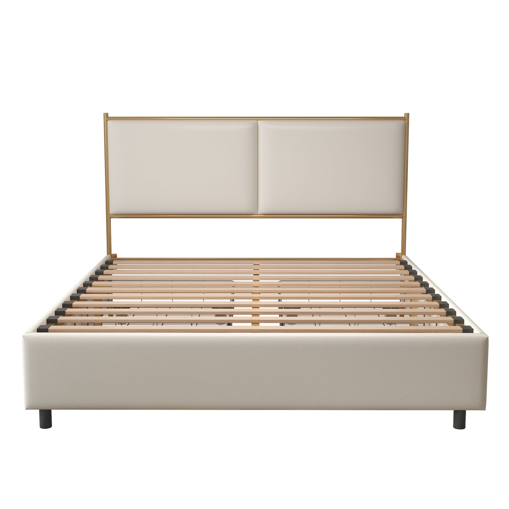 Royard Oaktree Metal Bed Frame with Classic Square Upholstered Headboard and Footboard Modern Platform Beds with Gold Frame and Four Storage Drawers, No Box Spring Needed