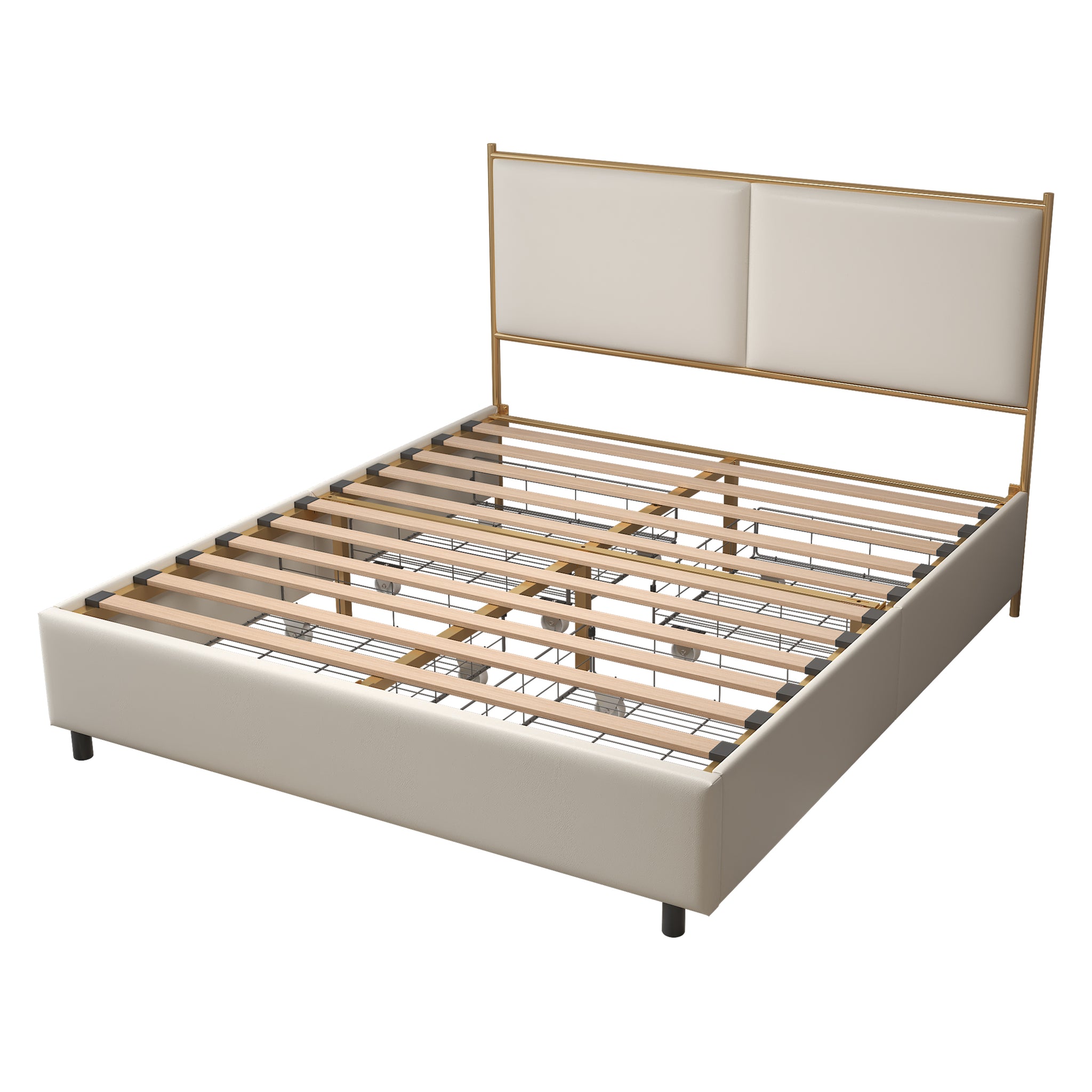 Royard Oaktree Metal Bed Frame with Classic Square Upholstered Headboard and Footboard Modern Platform Beds with Gold Frame and Four Storage Drawers, No Box Spring Needed