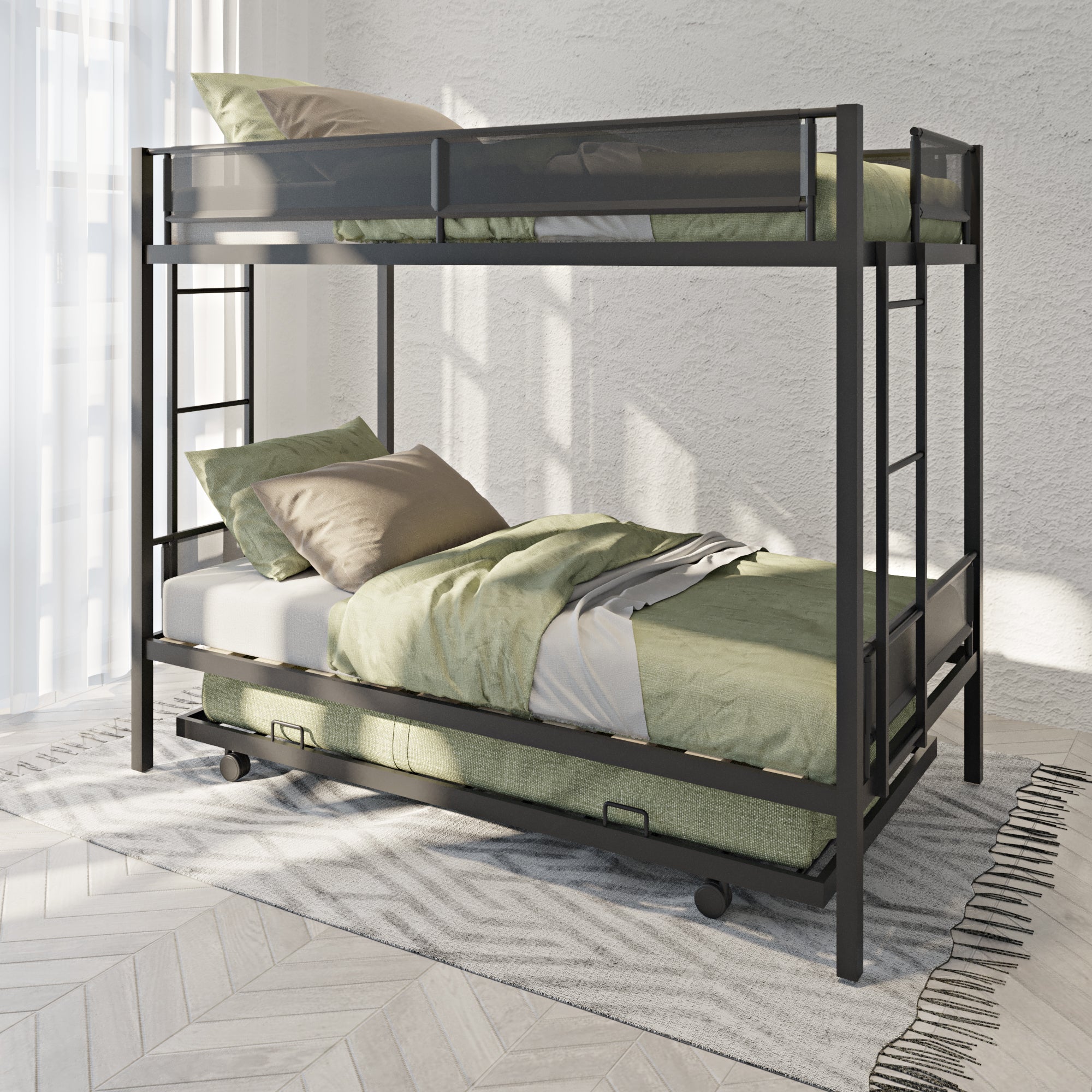 Royard Oaktree Twin over Twin Bunk Bed with Trundle Metal Bunk Bed with Wood Slat and Textilene Guardrail