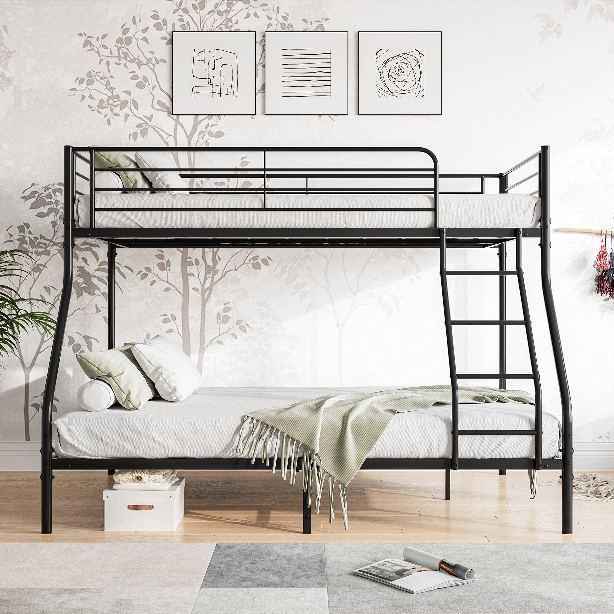 Royard Oaktree Twin-Over-Full Metal Bunk Bed, Heavy Duty Bunk Bed Frame with Enhanced Upper-Level Guardrail