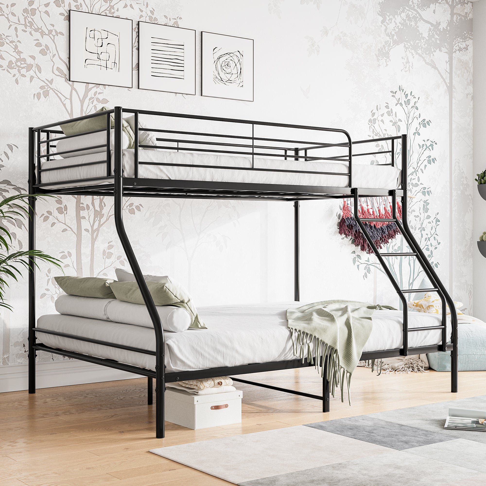 Royard Oaktree Twin-Over-Full Metal Bunk Bed, Heavy Duty Bunk Bed Frame with Enhanced Upper-Level Guardrail