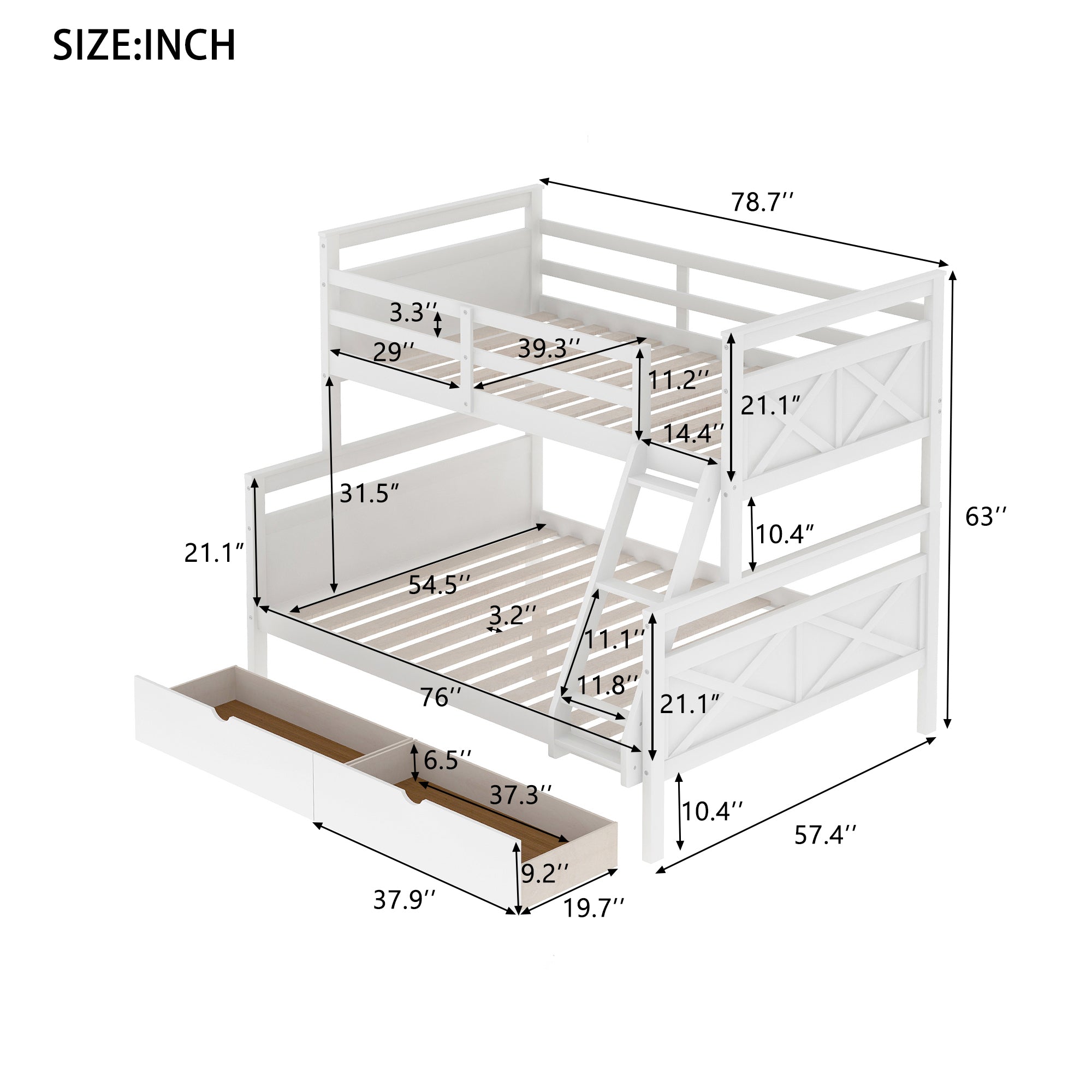 Royard Oaktree Twin over Full Bunk Bed with Storage Drawers and Built-in Ladder, Modern Wood Bunk Bed Frame with Guardrails and Headboard, Can Be Divided Into 2 Separate Platform Beds