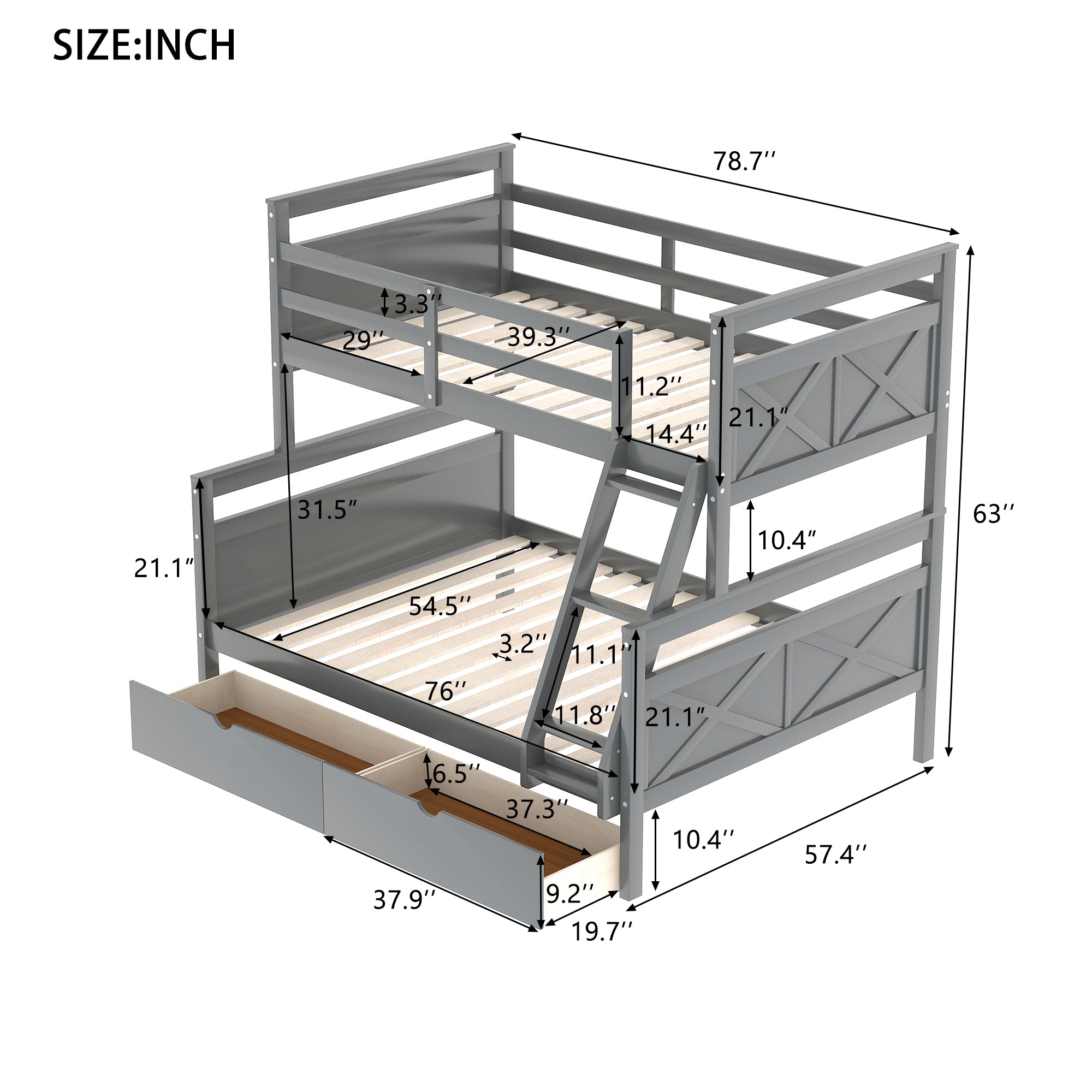 Royard Oaktree Twin over Full Bunk Bed with Storage Drawers and Built-in Ladder, Modern Wood Bunk Bed Frame with Guardrails and Headboard, Can Be Divided Into 2 Separate Platform Beds