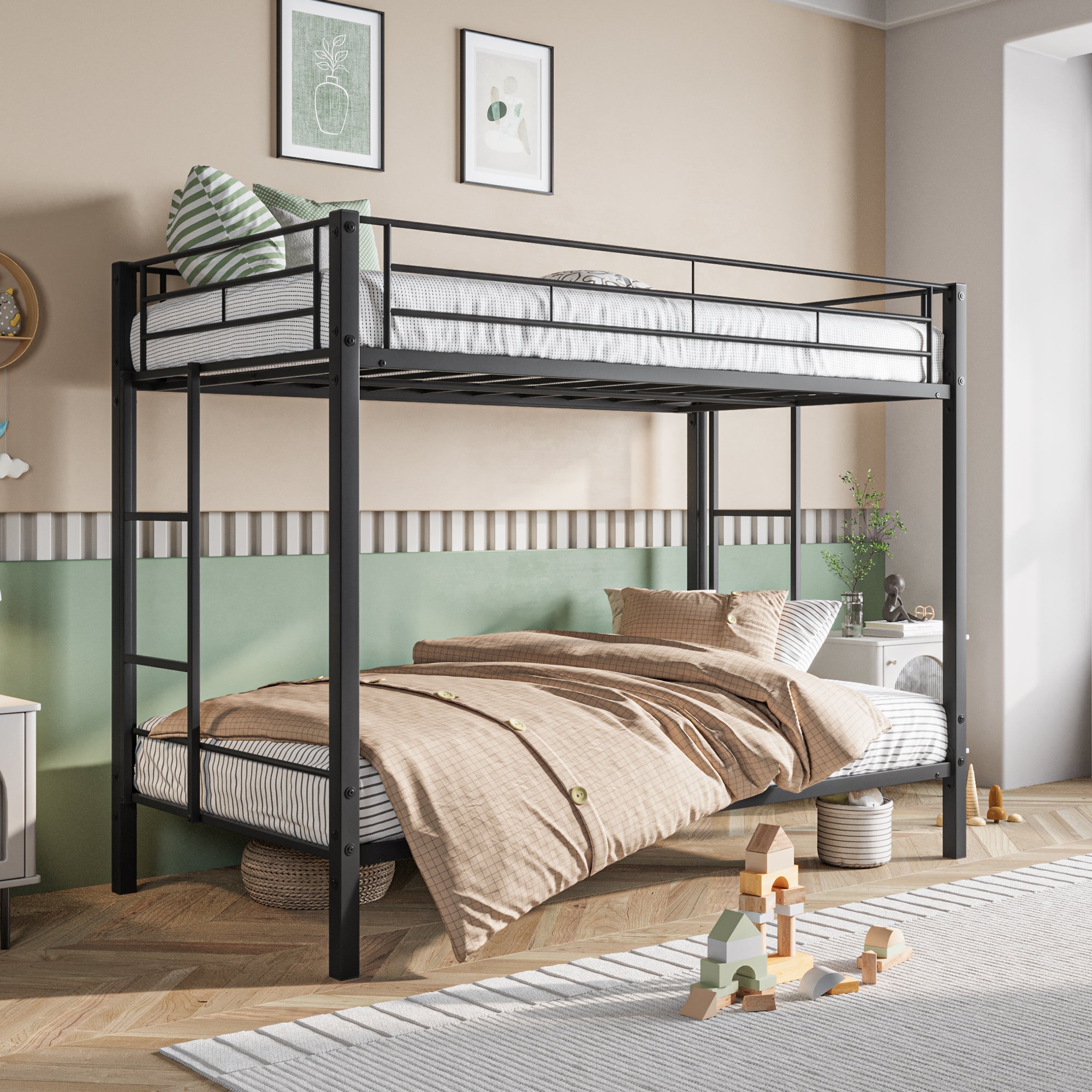 Royard Oaktree Twin Over Twin Metal Bunk Bed Heavy Duty Bunk Beds Frame with Guardrail and 2 Ladders, Metal Slats, No Box Spring Needed