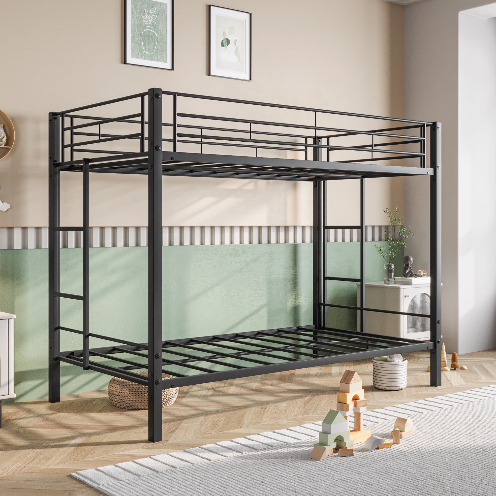 Royard Oaktree Twin Over Twin Metal Bunk Bed Heavy Duty Bunk Beds Frame with Guardrail and 2 Ladders, Metal Slats, No Box Spring Needed