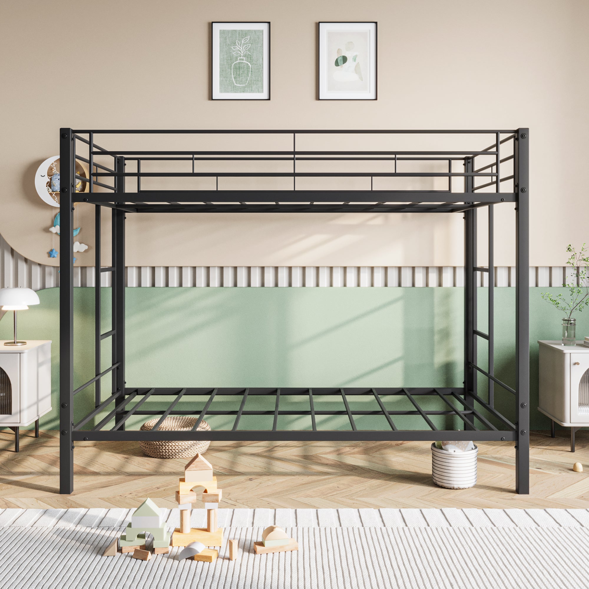 Royard Oaktree Twin Over Twin Metal Bunk Bed Heavy Duty Bunk Beds Frame with Guardrail and 2 Ladders, Metal Slats, No Box Spring Needed