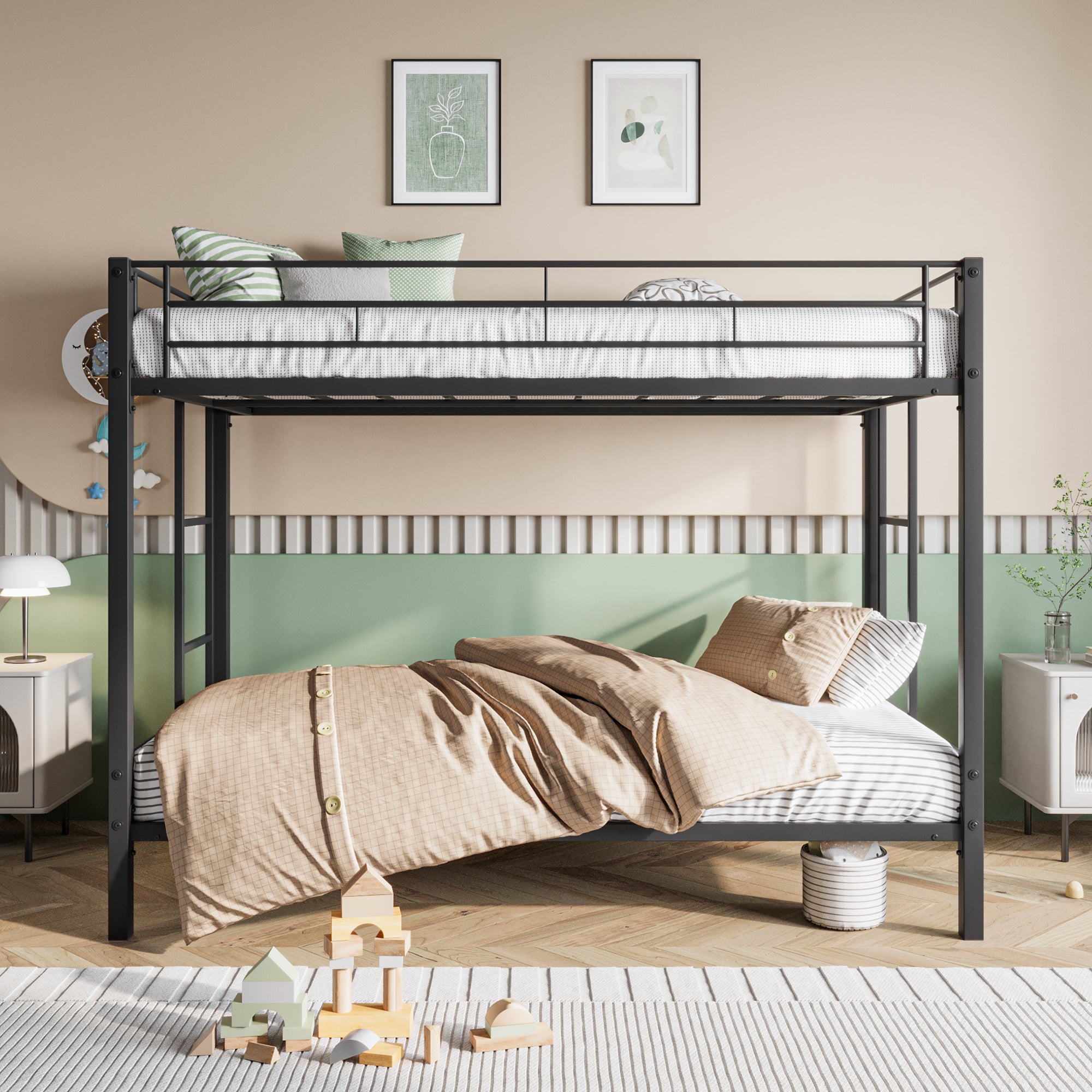 Royard Oaktree Twin Over Twin Metal Bunk Bed Heavy Duty Bunk Beds Frame with Guardrail and 2 Ladders, Metal Slats, No Box Spring Needed