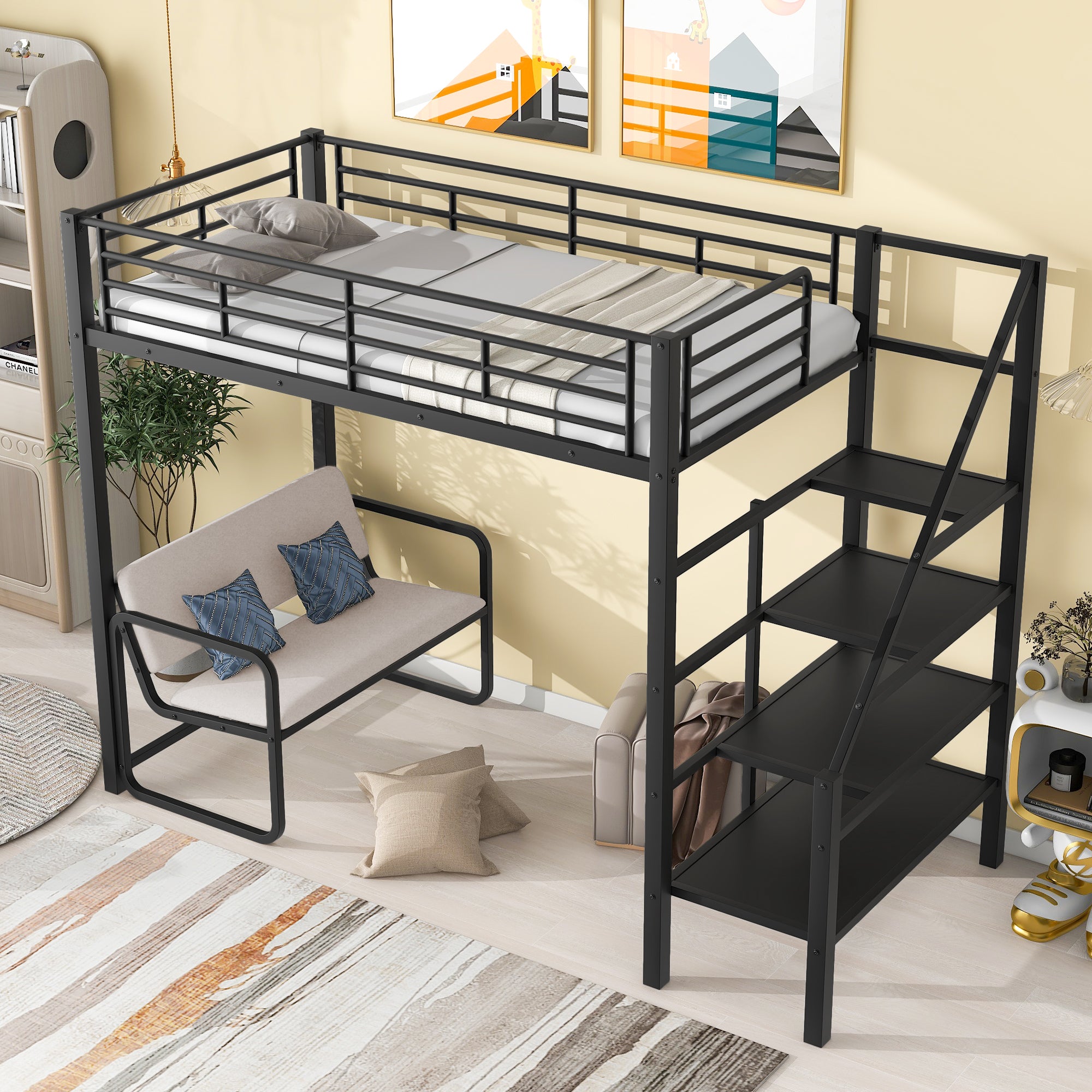 Royard Oaktree Twin Size Metal Loft Bed with Bench and Storage Staircase Modern Loft Bed Frame with Guardrail and Slats, No Box Spring Needed, Black