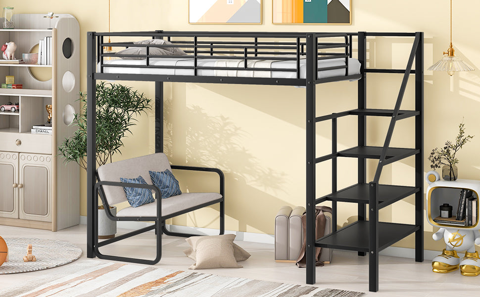 Royard Oaktree Twin Size Metal Loft Bed with Bench and Storage Staircase Modern Loft Bed Frame with Guardrail and Slats, No Box Spring Needed, Black