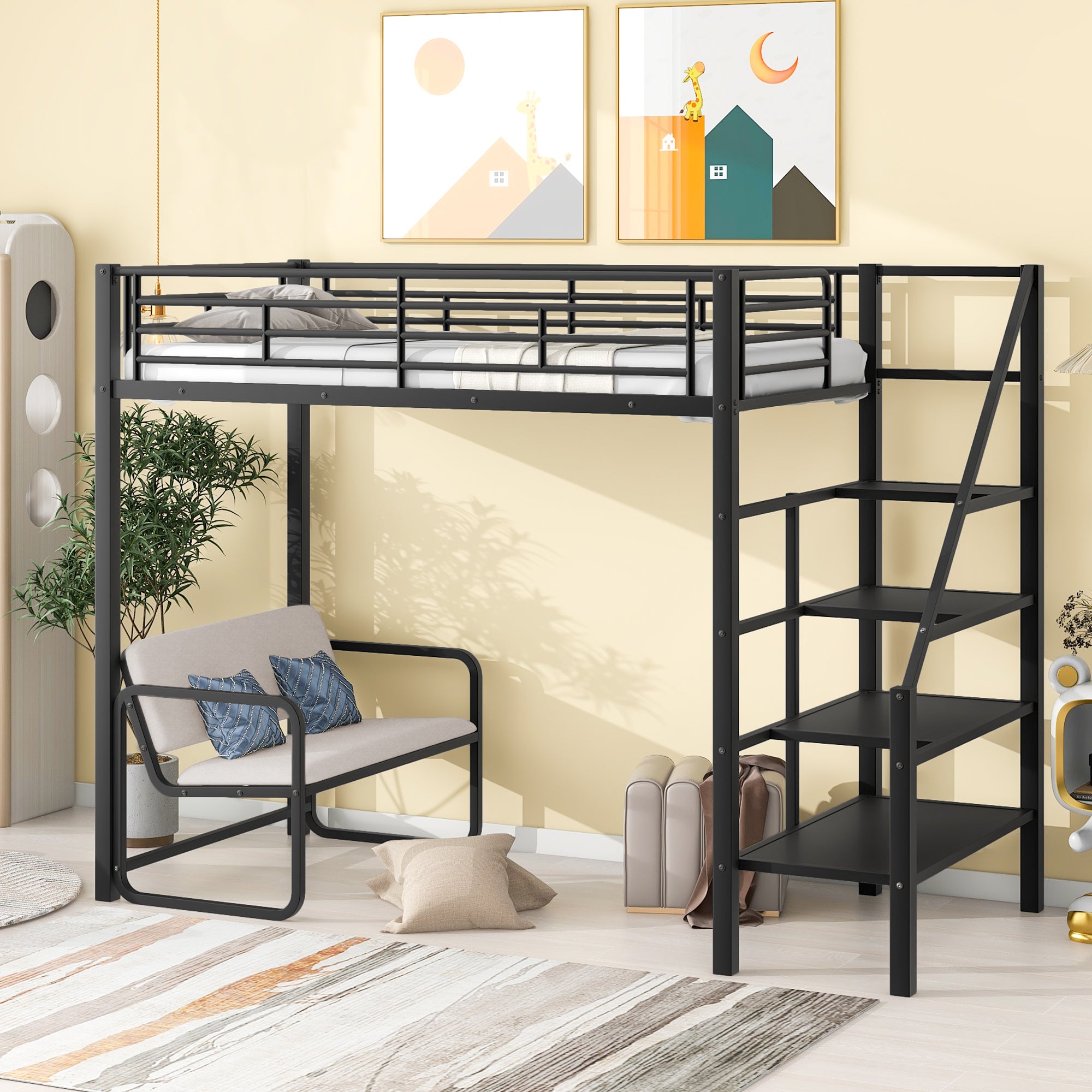 Royard Oaktree Twin Size Metal Loft Bed with Bench and Storage Staircase Modern Loft Bed Frame with Guardrail and Slats, No Box Spring Needed, Black