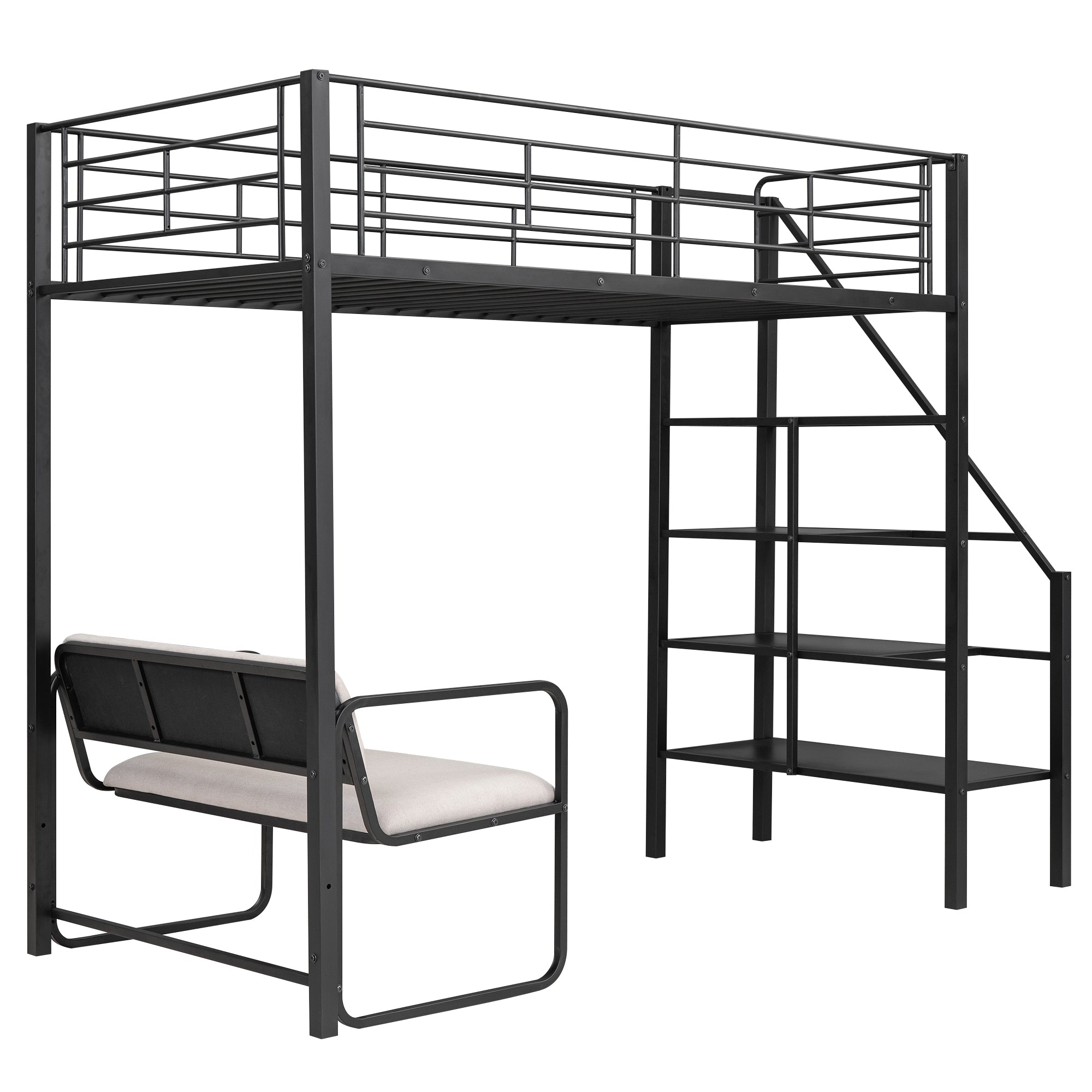 Royard Oaktree Twin Size Metal Loft Bed with Bench and Storage Staircase Modern Loft Bed Frame with Guardrail and Slats, No Box Spring Needed, Black