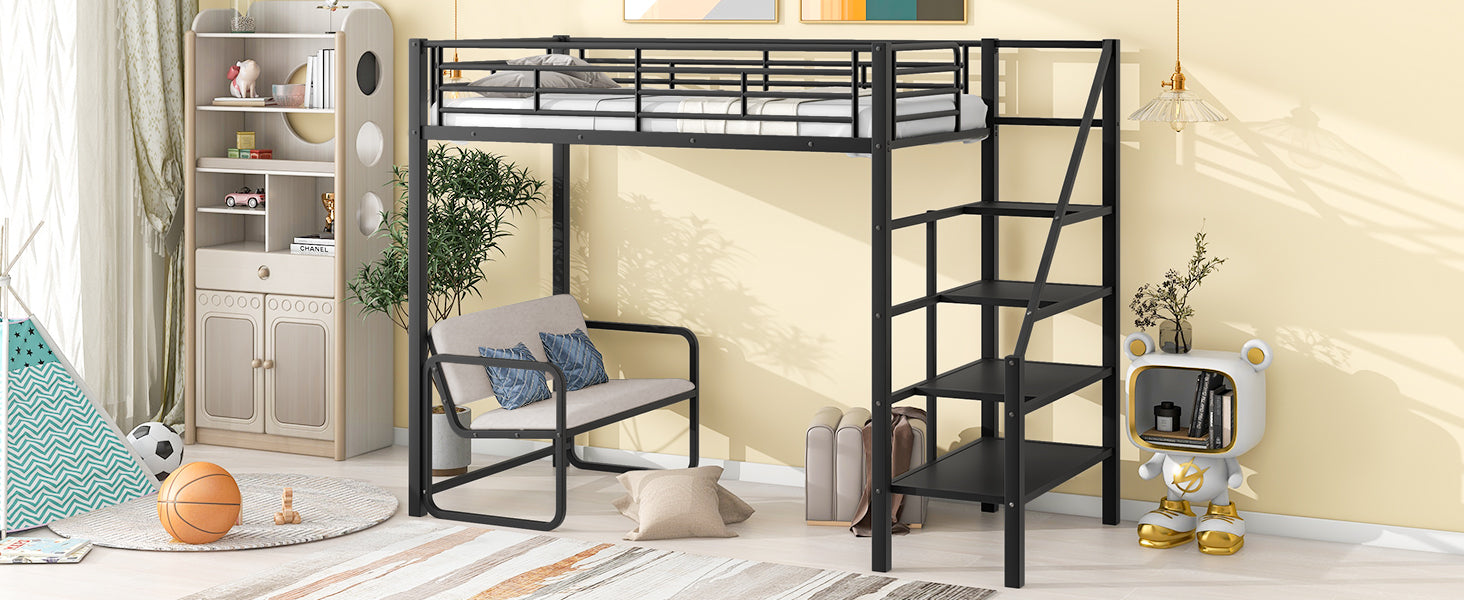 Royard Oaktree Twin Size Metal Loft Bed with Bench and Storage Staircase Modern Loft Bed Frame with Guardrail and Slats, No Box Spring Needed, Black