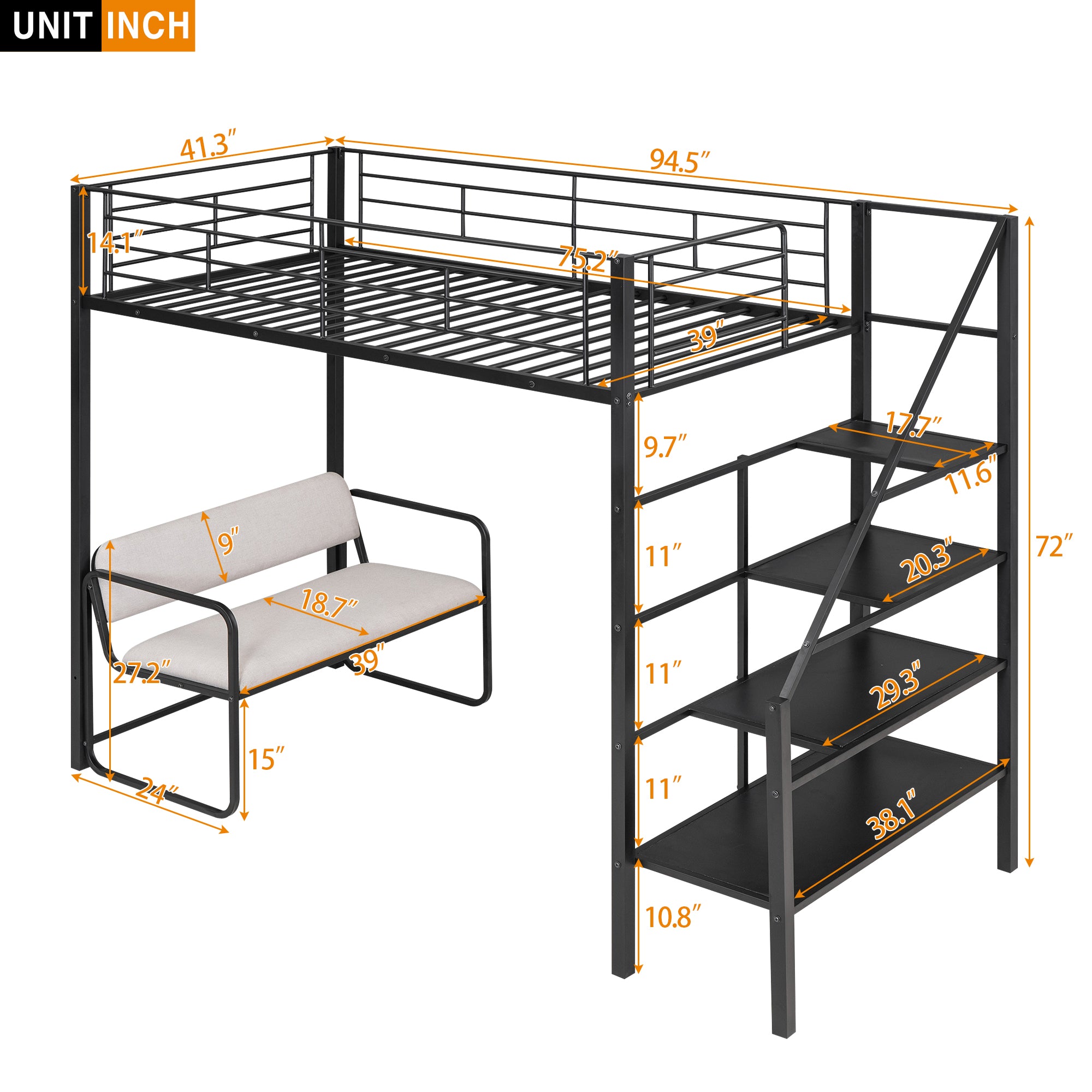 Royard Oaktree Twin Size Metal Loft Bed with Bench and Storage Staircase Modern Loft Bed Frame with Guardrail and Slats, No Box Spring Needed, Black