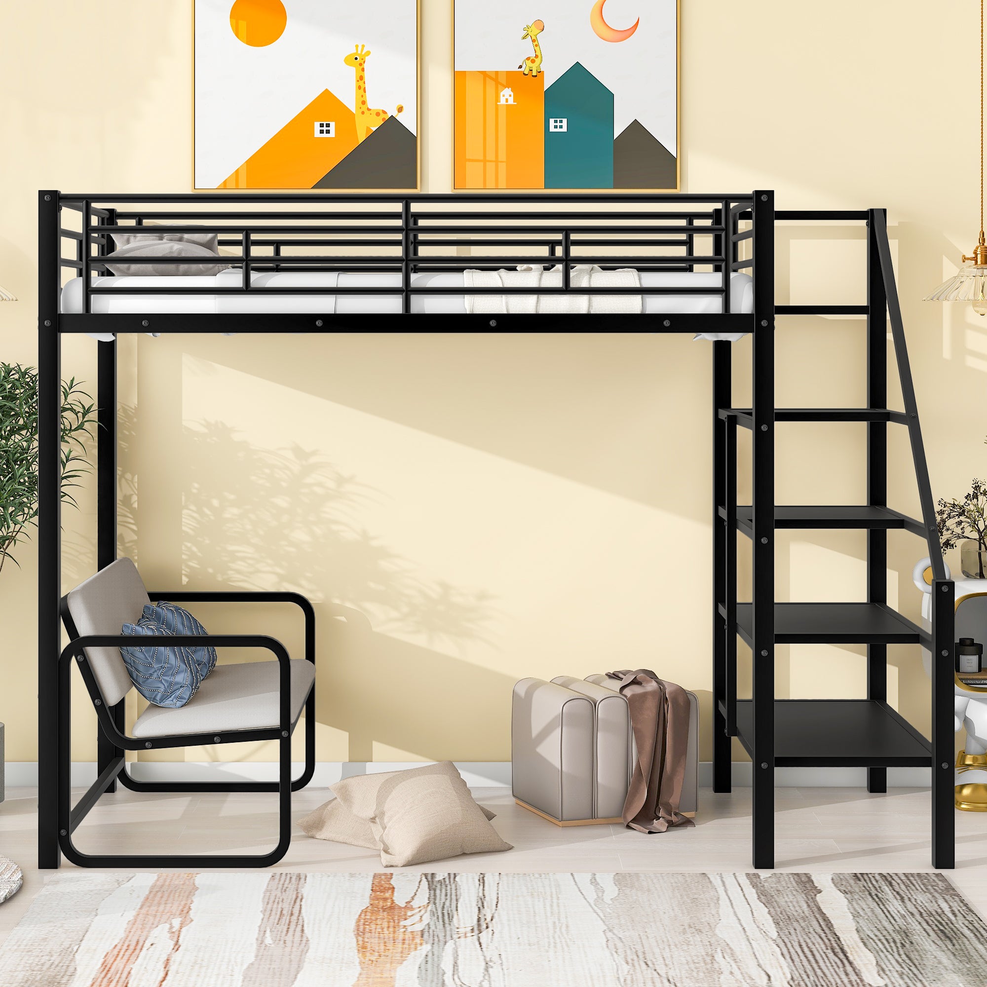 Royard Oaktree Twin Size Metal Loft Bed with Bench and Storage Staircase Modern Loft Bed Frame with Guardrail and Slats, No Box Spring Needed, Black