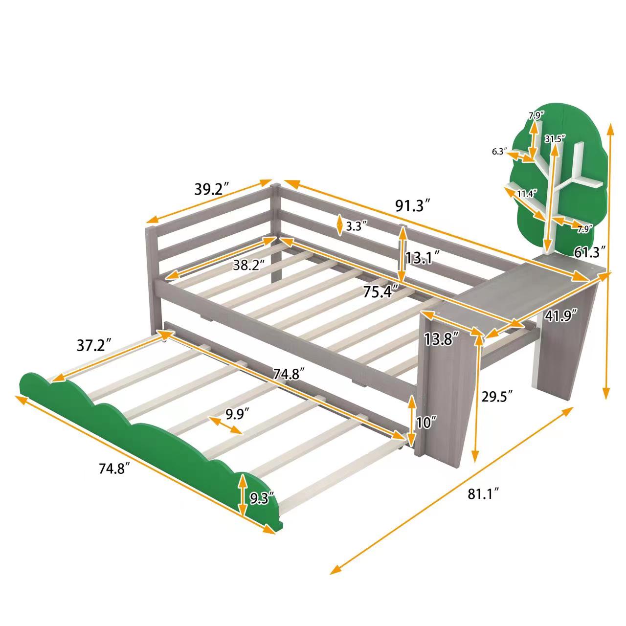 Royard Oaktree Twin Size Daybed with Desk, Green Tree Shape Shelves and Trundle