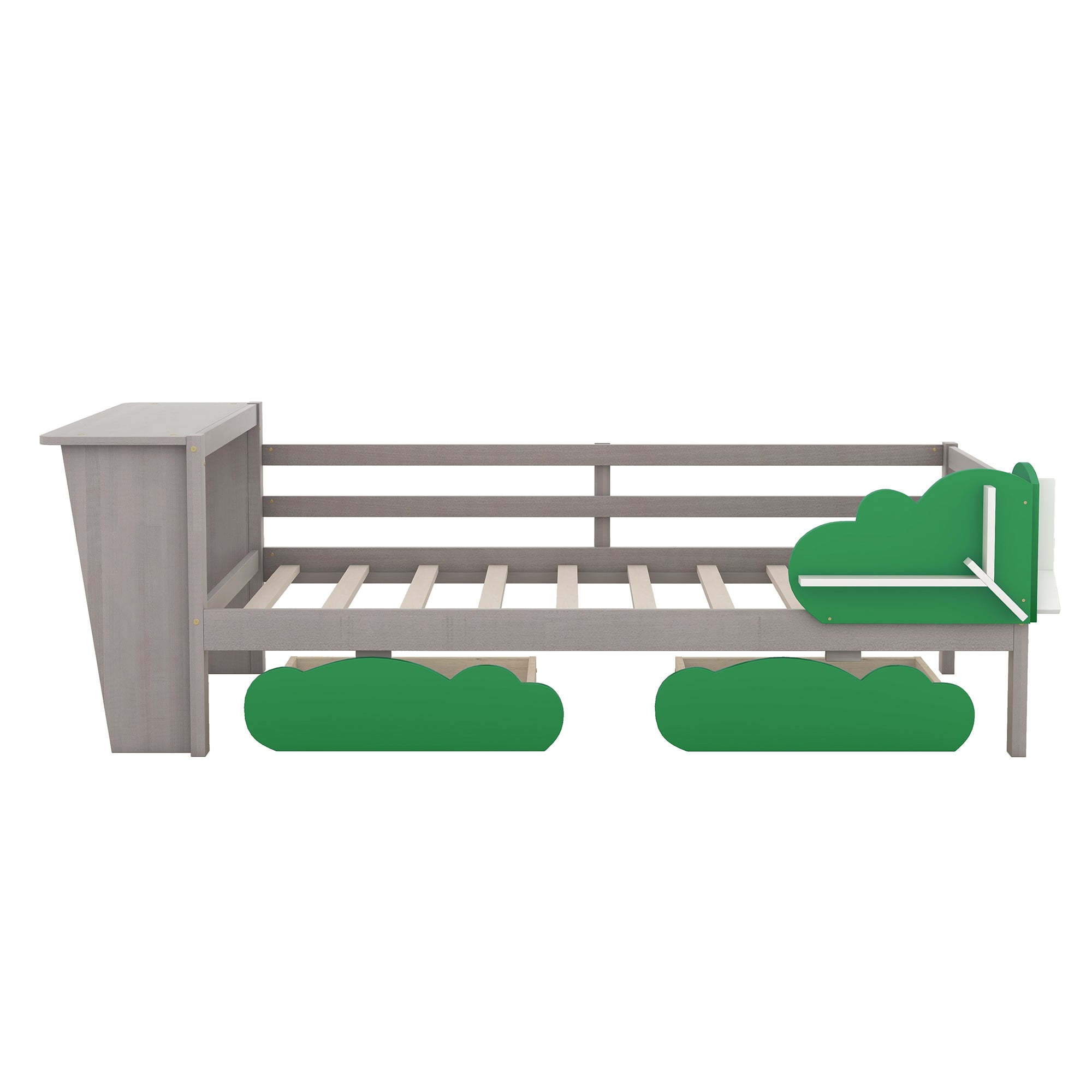 Royard Oaktree Twin Size Daybed with Desk, Green Leaf Shape Drawers, and Shelves