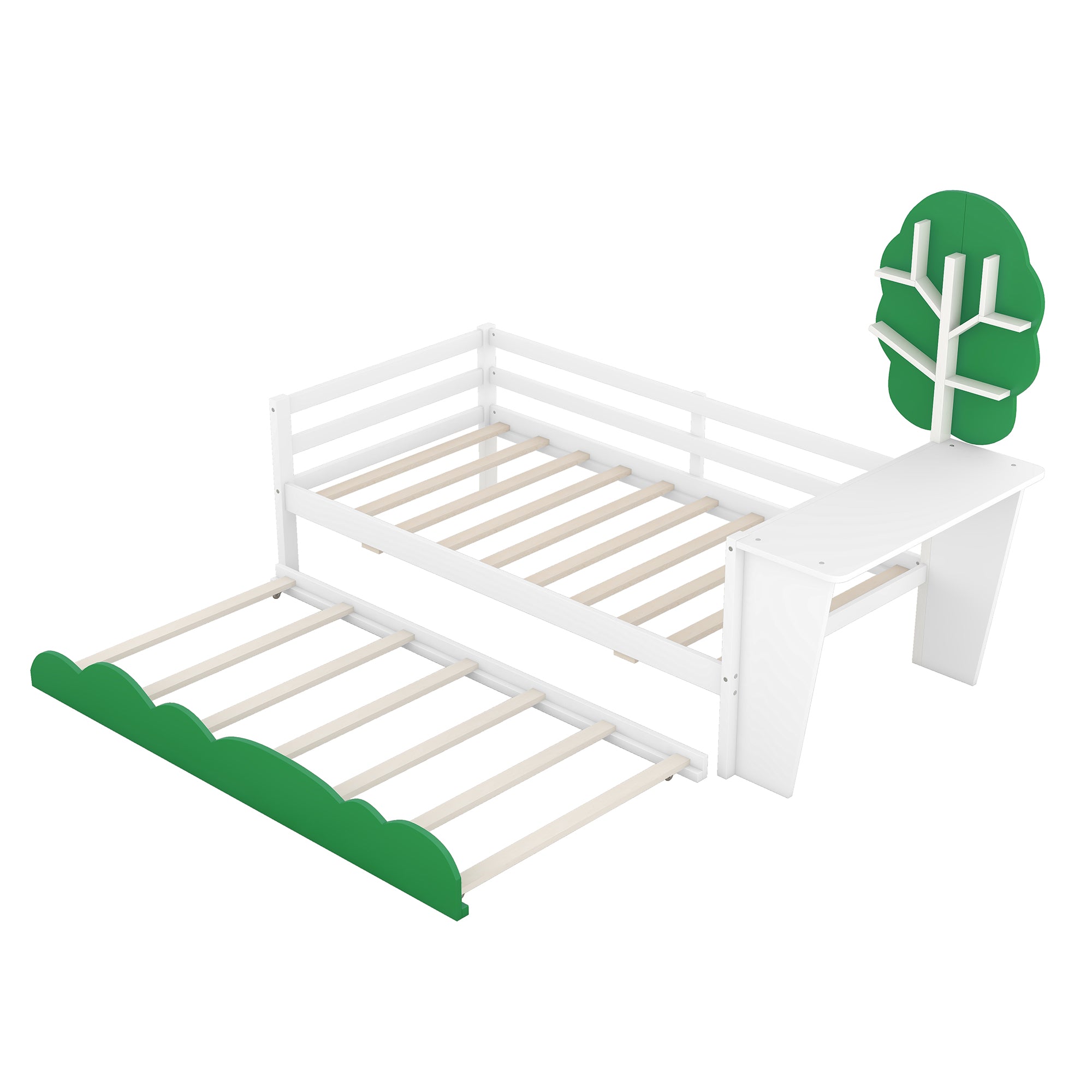 Royard Oaktree Twin Size Daybed with Desk, Green Tree Shape Shelves and Trundle