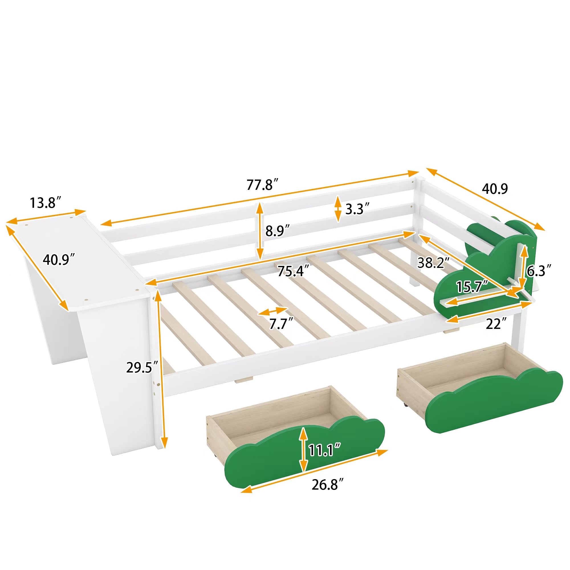 Royard Oaktree Twin Size Daybed with Desk, Green Leaf Shape Drawers, and Shelves