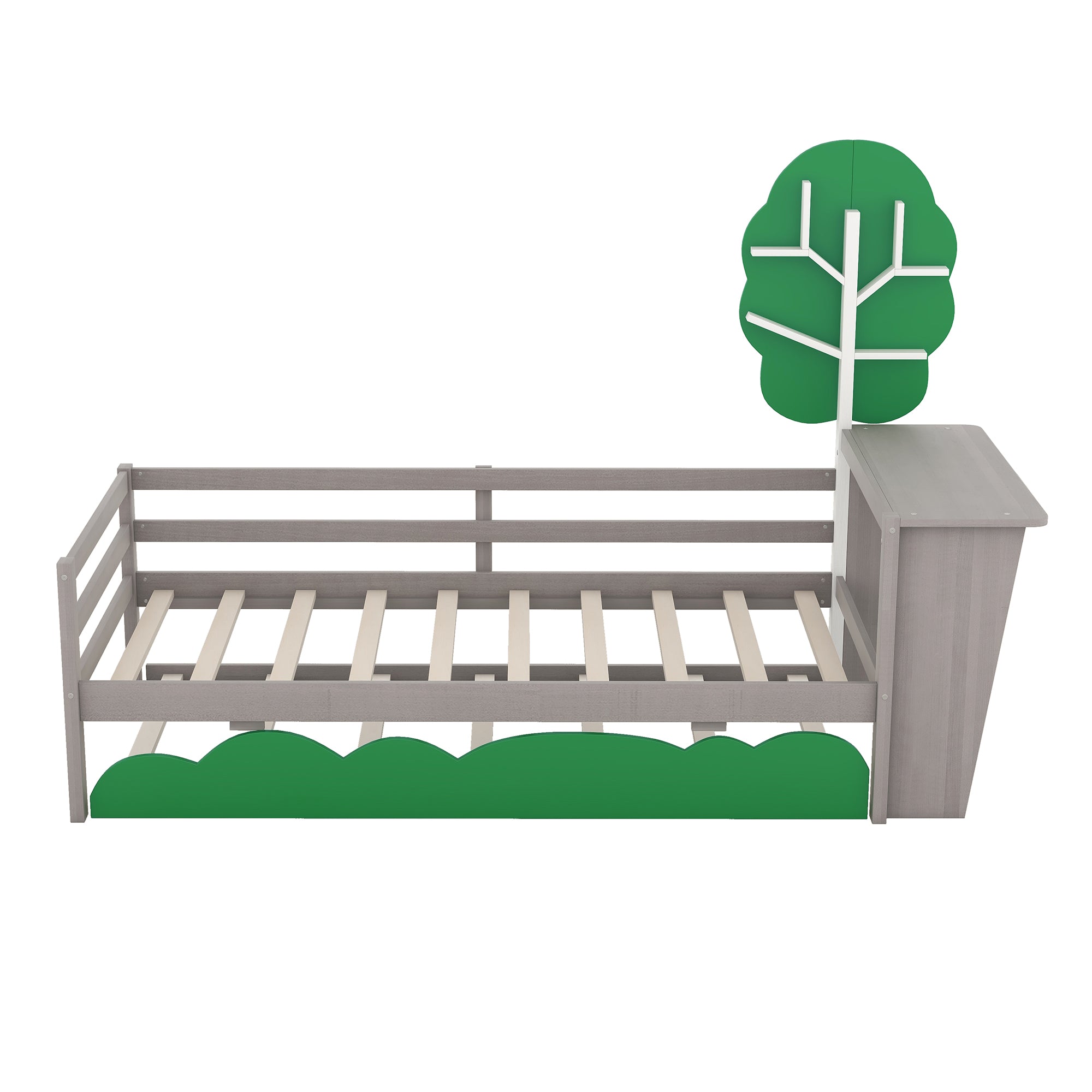 Royard Oaktree Twin Size Daybed with Desk, Green Tree Shape Shelves and Trundle