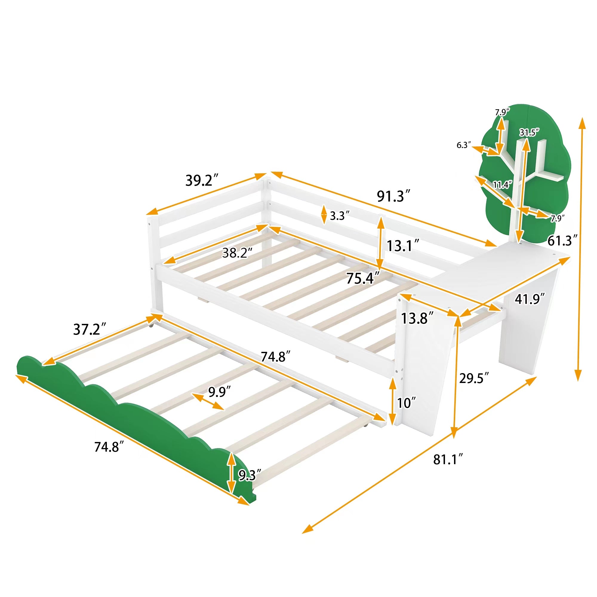 Royard Oaktree Twin Size Daybed with Desk, Green Tree Shape Shelves and Trundle