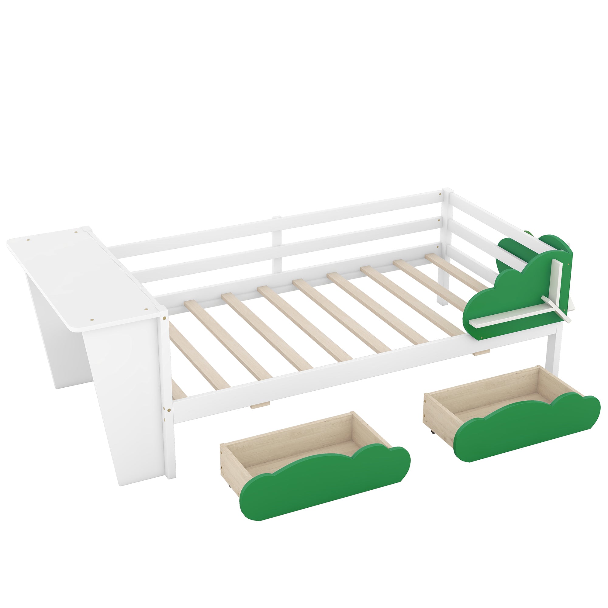 Royard Oaktree Twin Size Daybed with Desk, Green Leaf Shape Drawers, and Shelves