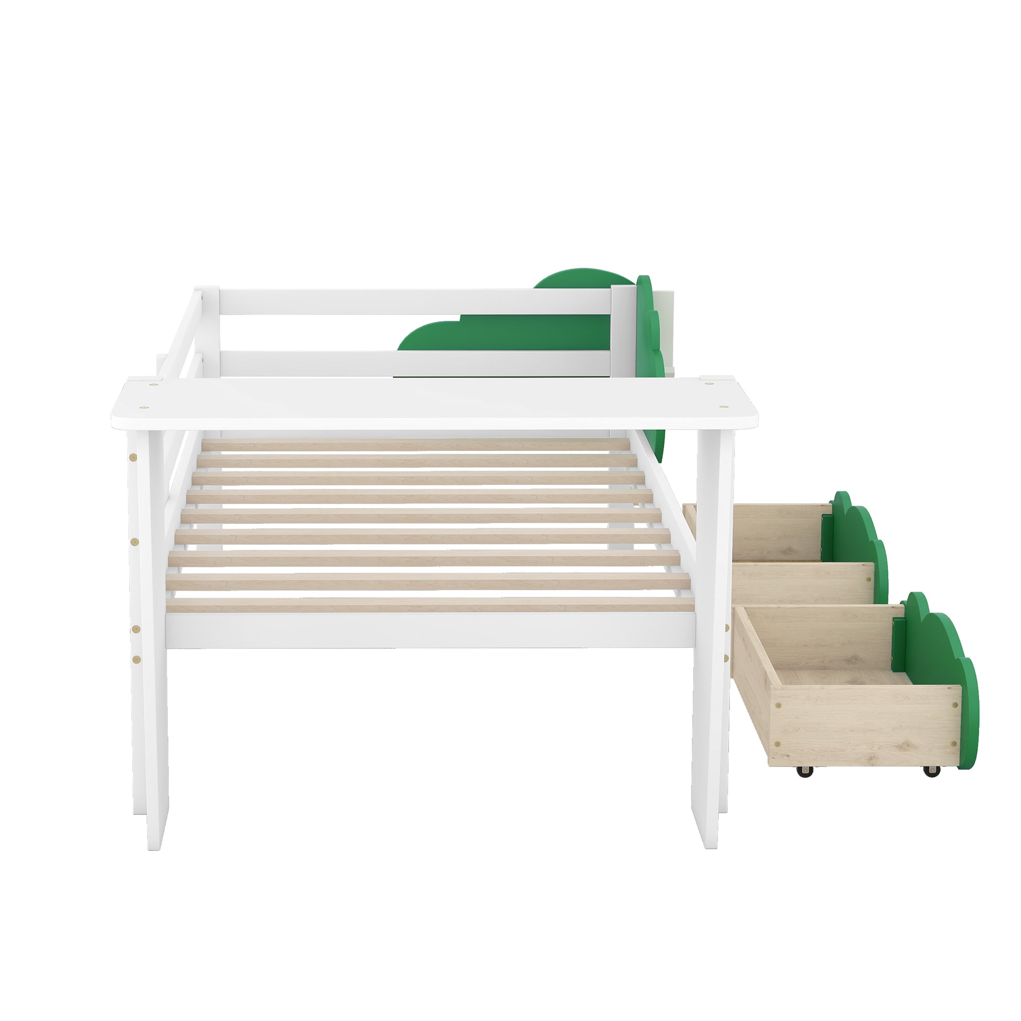 Royard Oaktree Twin Size Daybed with Desk, Green Leaf Shape Drawers, and Shelves