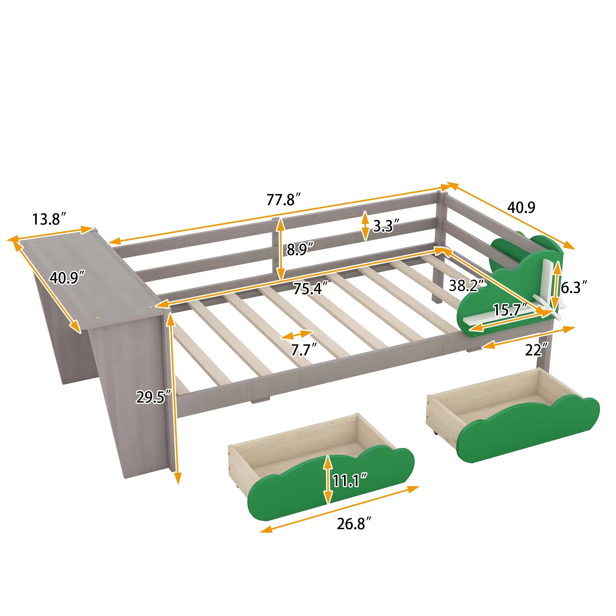 Royard Oaktree Twin Size Daybed with Desk, Green Leaf Shape Drawers, and Shelves