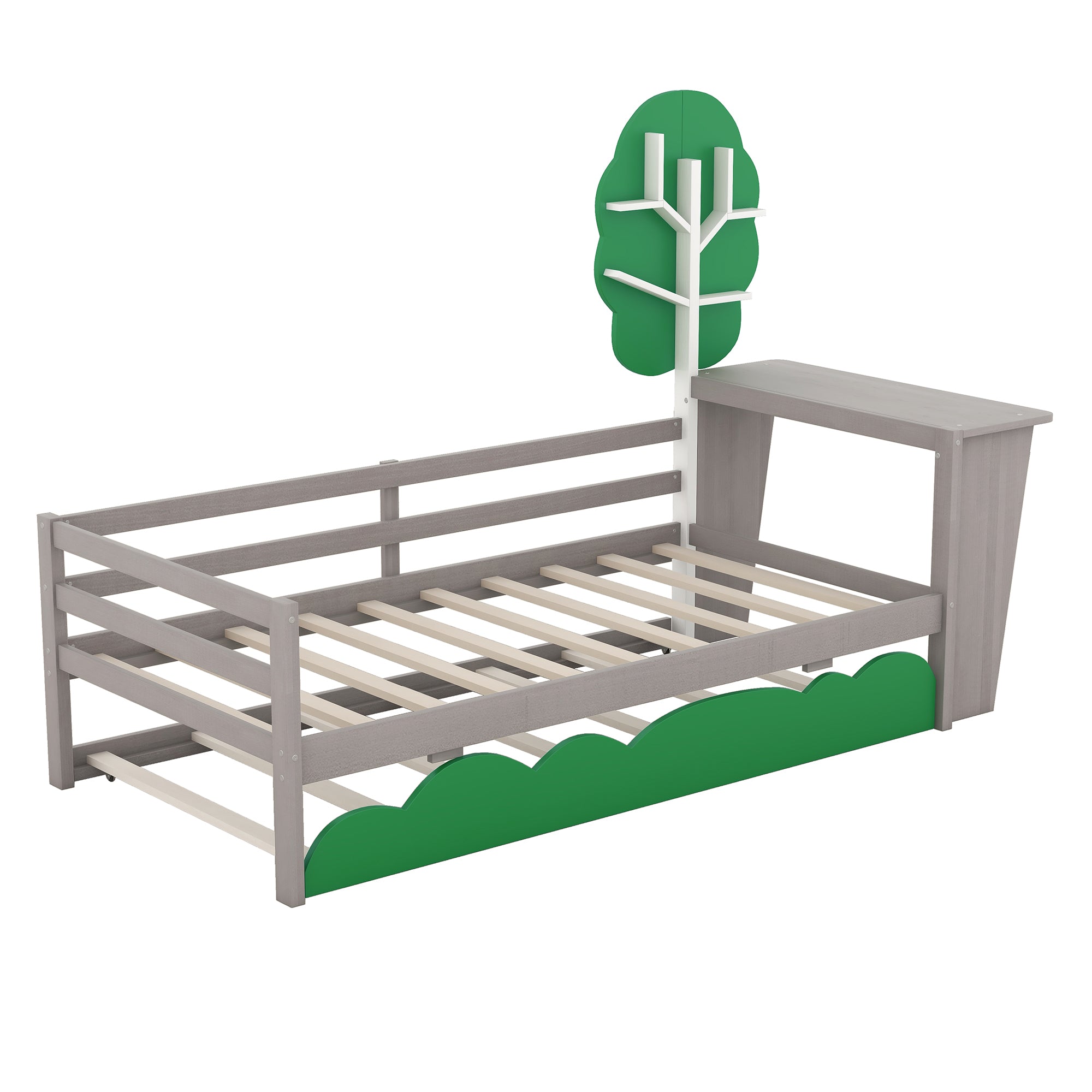 Royard Oaktree Twin Size Daybed with Desk, Green Tree Shape Shelves and Trundle