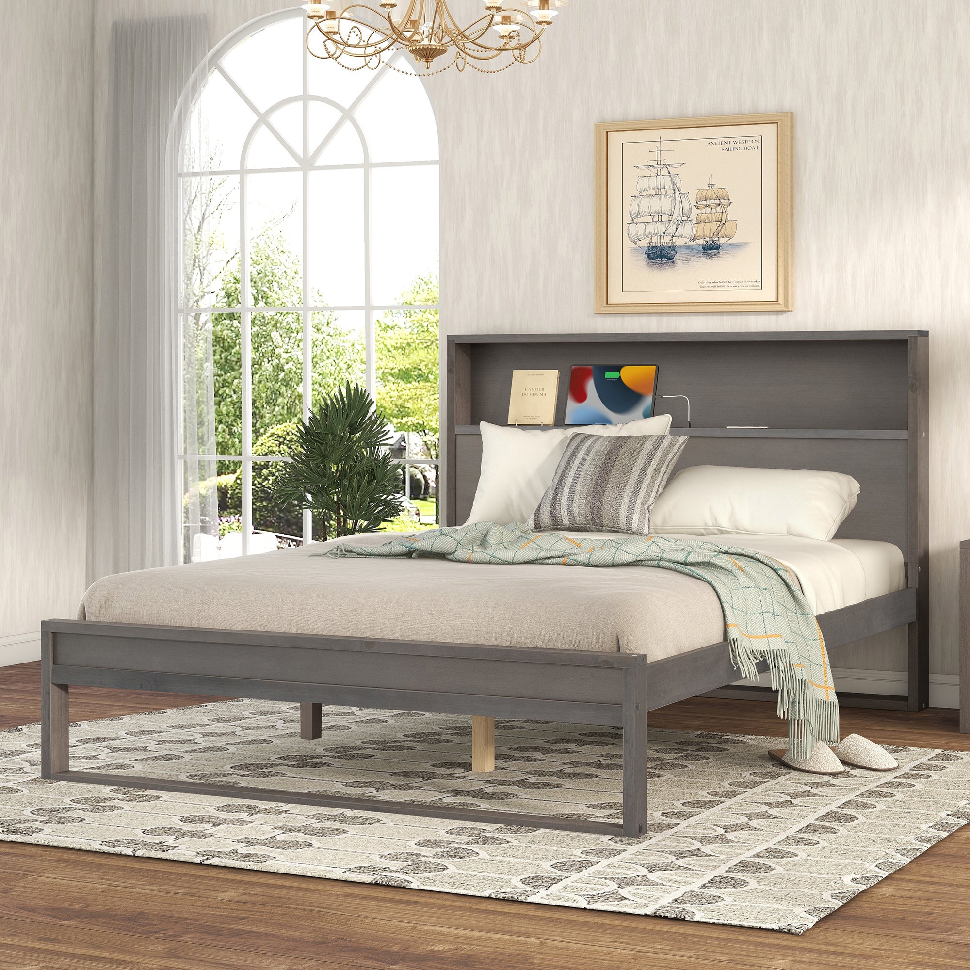 Royard Oaktree Platform Bed with Storage Headboard, Wood Bed Frame with Sockets and USB Ports, Platform Bed