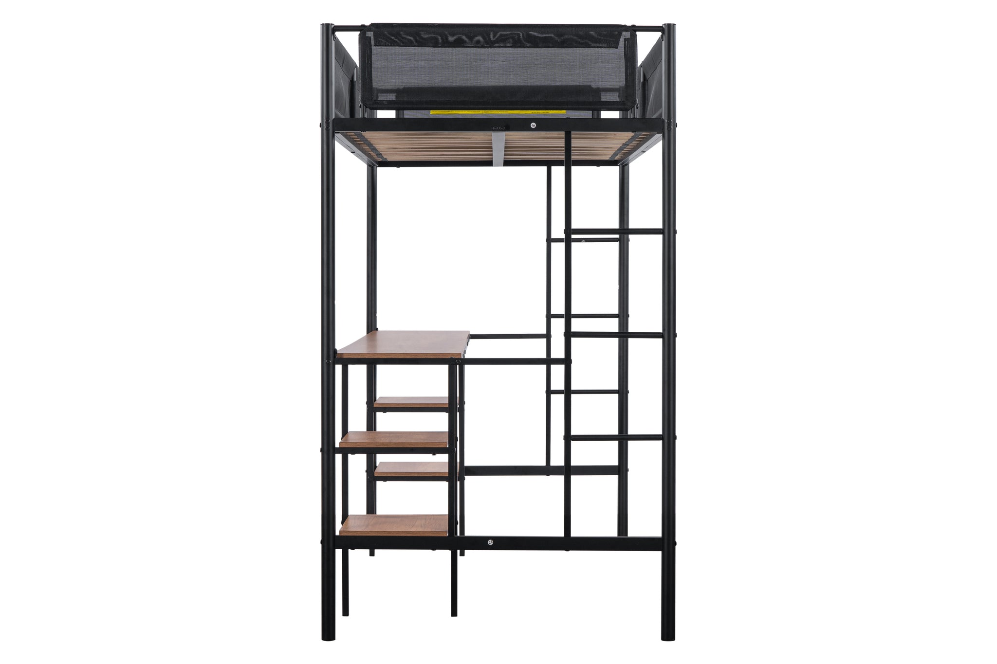 Royard Oaktree Metal Loft Bed with Built-in Desk and Shelves Twin Size Metal Bed Frame with Wood Slat and Textilene Guardrail