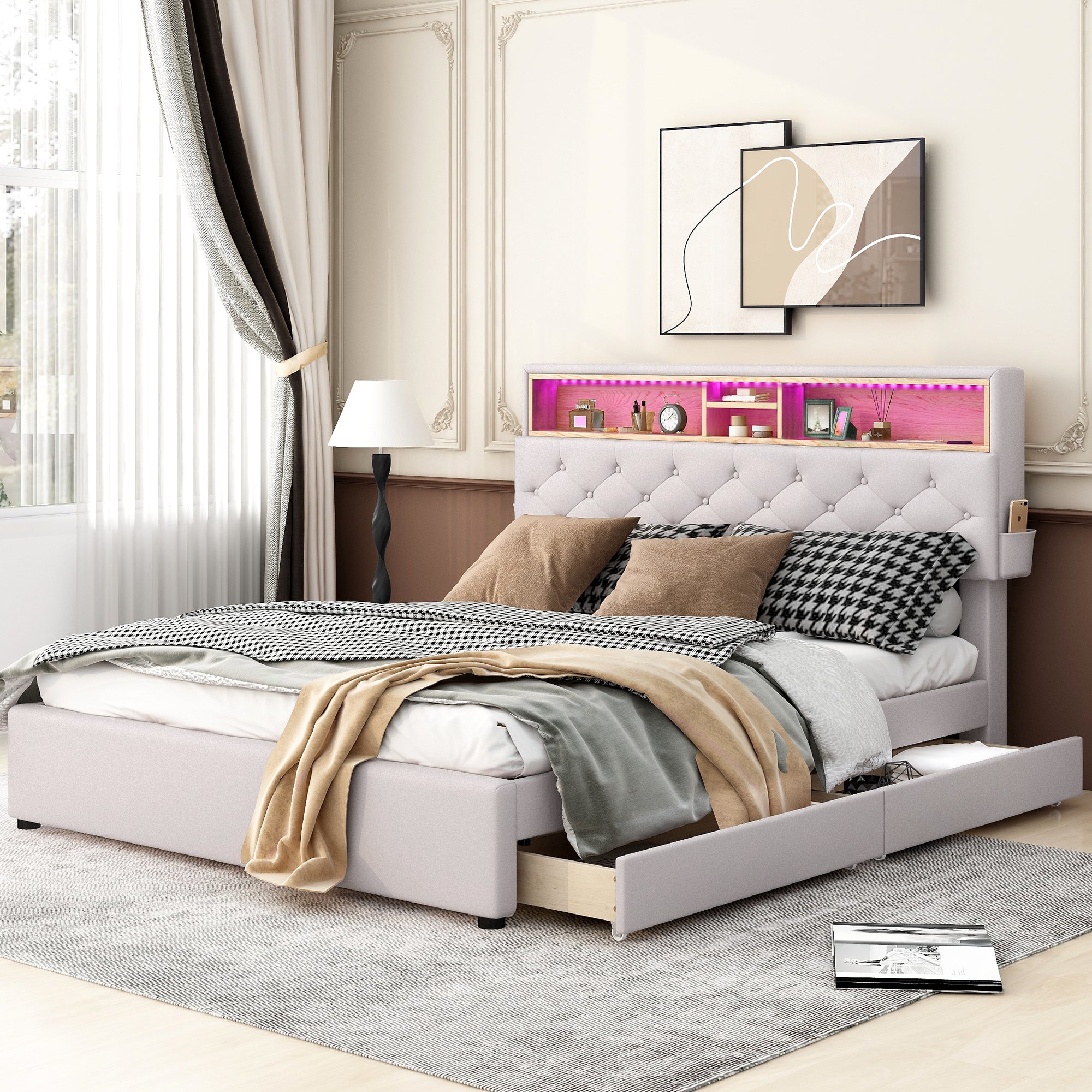 Royard Oaktree Queen Size Upholstered Platform Bed with Storage Headboard, LED Light, USB Charging, 2 Under-bed Drawers