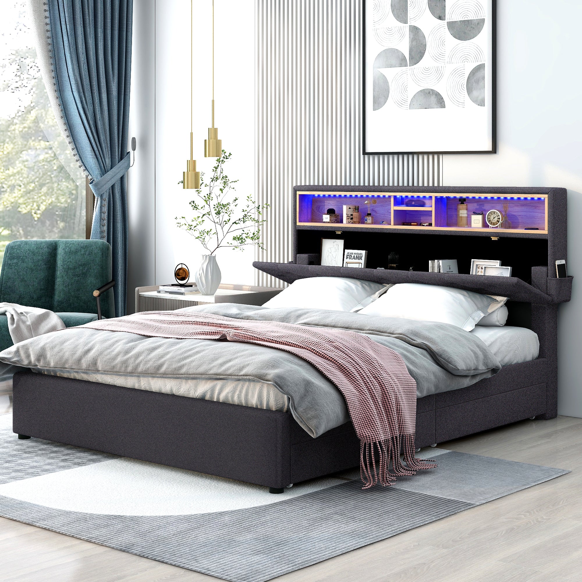 Royard Oaktree Queen Size Upholstered Platform Bed with Storage Headboard, LED Light, USB Charging, 2 Under-bed Drawers