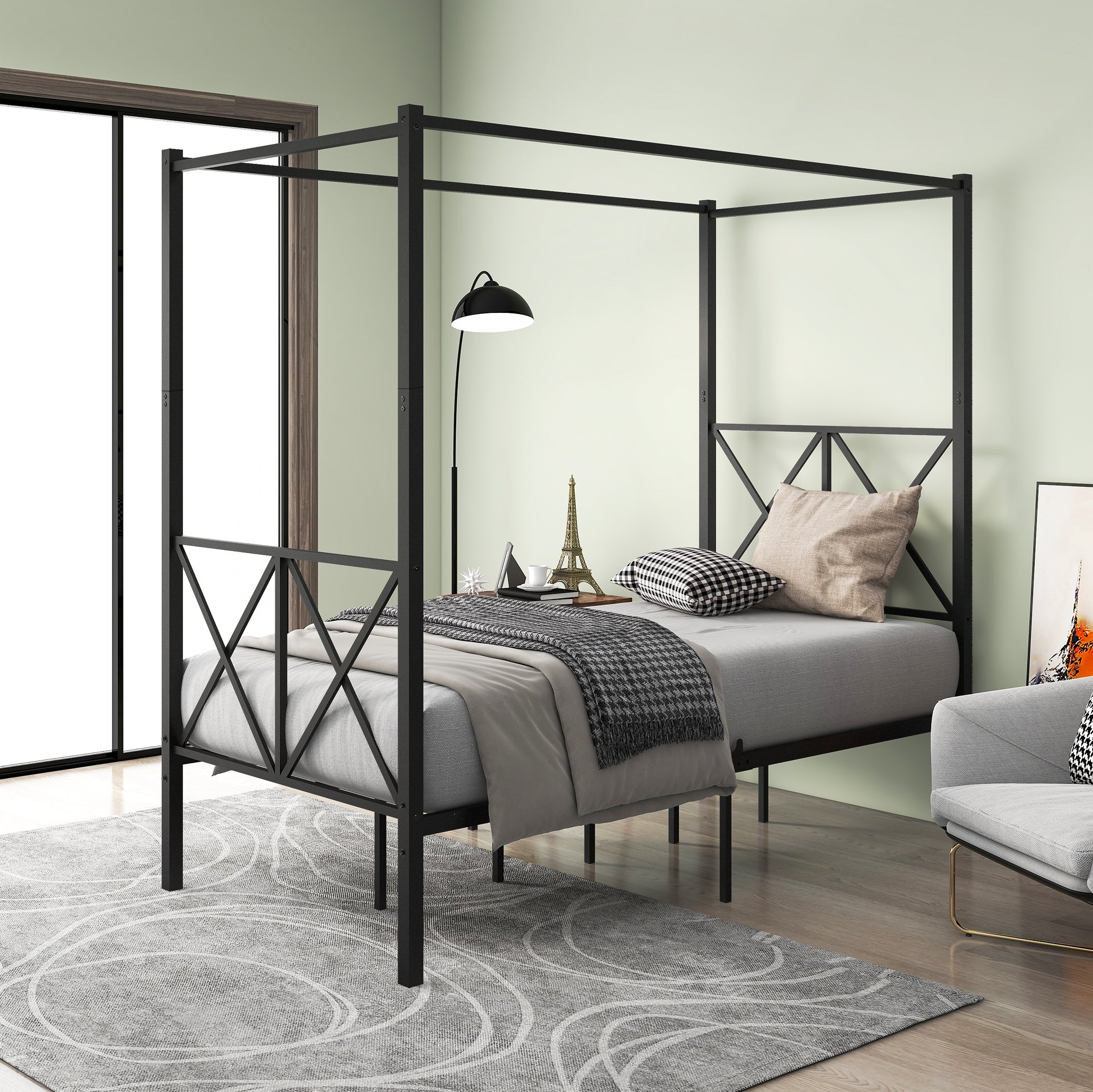 Royard Oaktree Twin Size Metal Canopy Bed Platform Bed Frame with X Shaped Headboard and Footboard Black