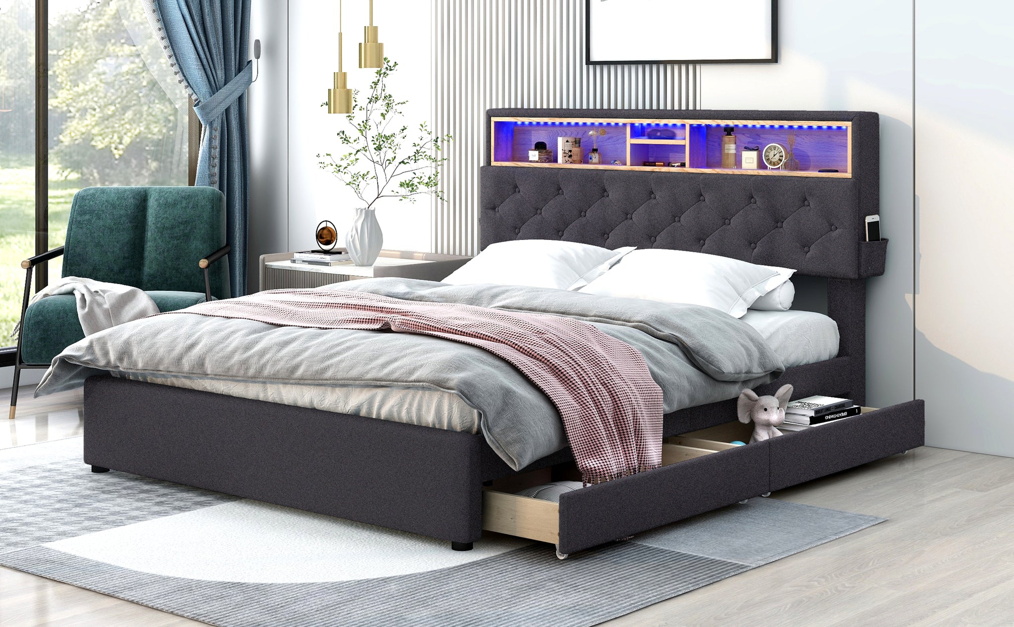 Royard Oaktree Queen Size Upholstered Platform Bed with Storage Headboard, LED Light, USB Charging, 2 Under-bed Drawers