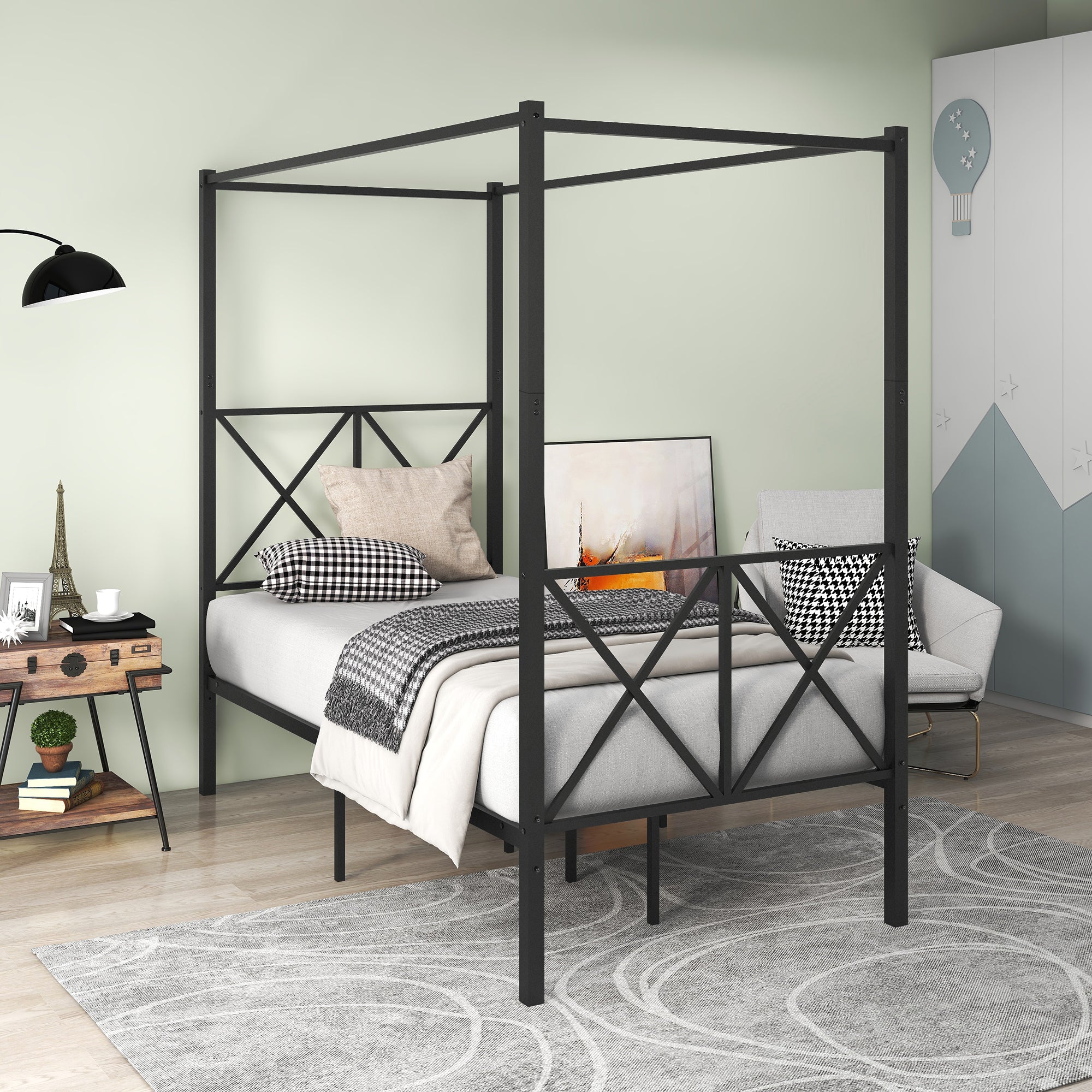 Royard Oaktree Twin Size Metal Canopy Bed Platform Bed Frame with X Shaped Headboard and Footboard Black