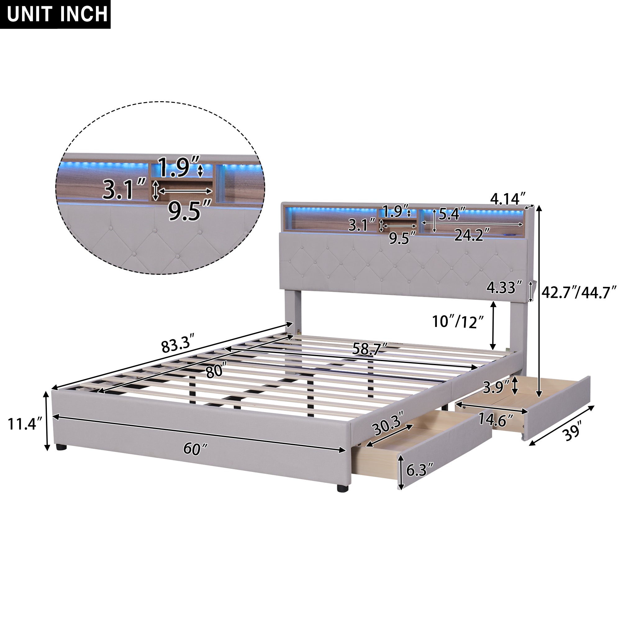 Royard Oaktree Queen Size Upholstered Platform Bed with Storage Headboard, LED Light, USB Charging, 2 Under-bed Drawers