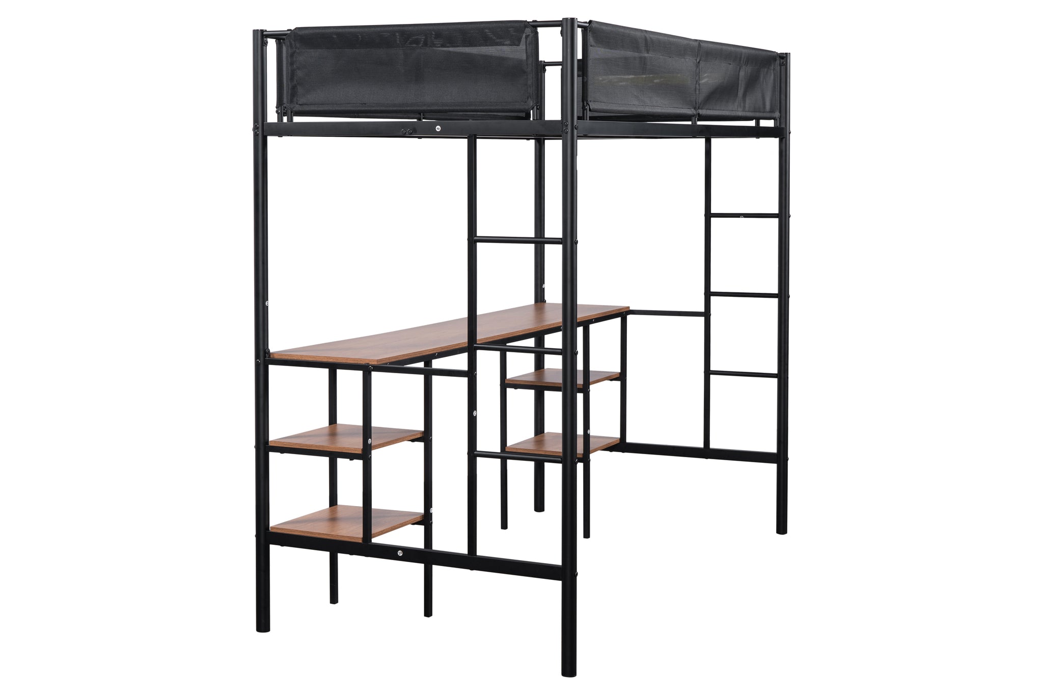 Royard Oaktree Metal Loft Bed with Built-in Desk and Shelves Twin Size Metal Bed Frame with Wood Slat and Textilene Guardrail