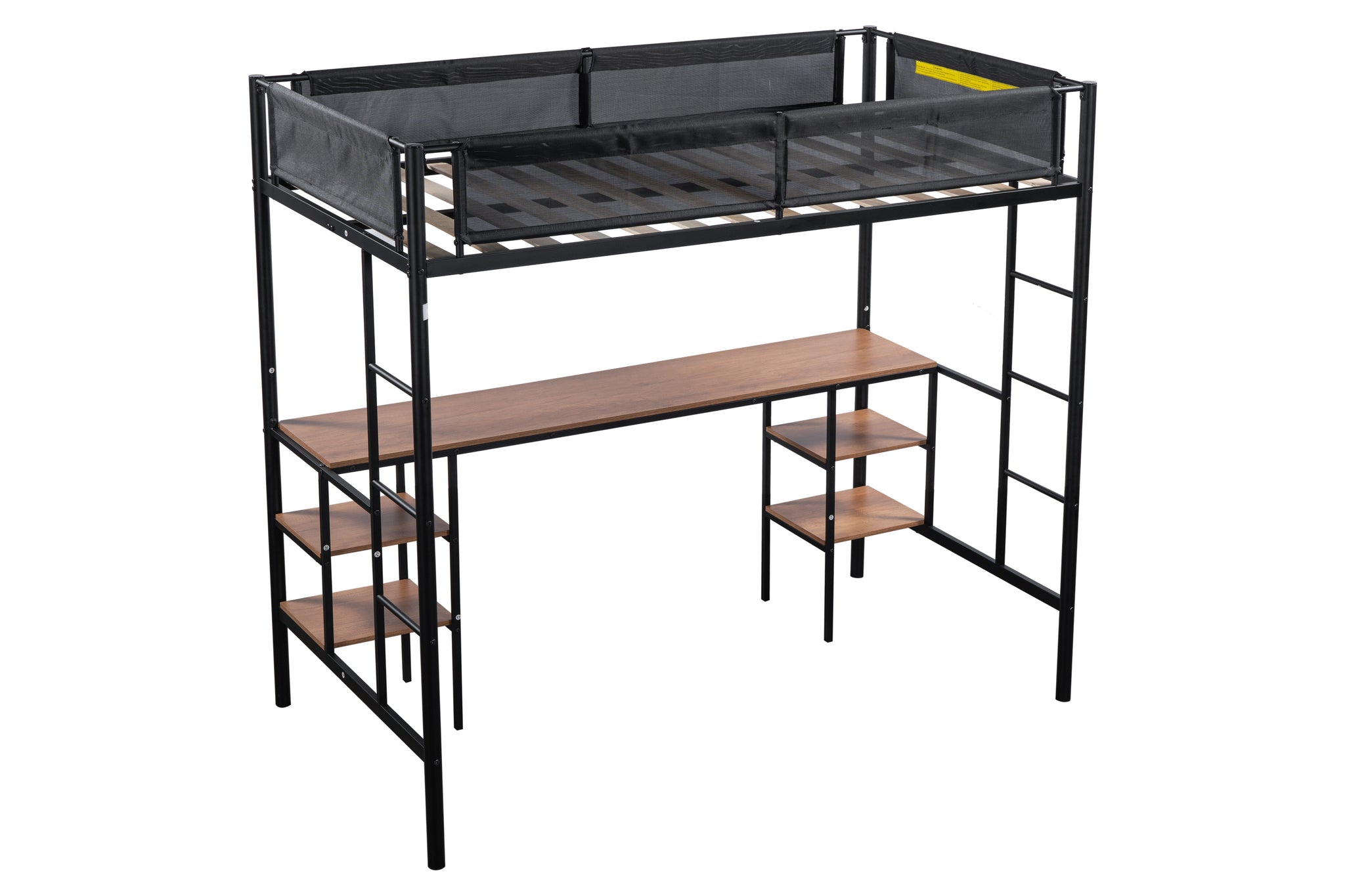 Royard Oaktree Metal Loft Bed with Built-in Desk and Shelves Twin Size Metal Bed Frame with Wood Slat and Textilene Guardrail