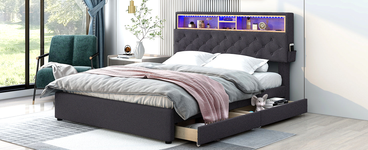 Royard Oaktree Queen Size Upholstered Platform Bed with Storage Headboard, LED Light, USB Charging, 2 Under-bed Drawers