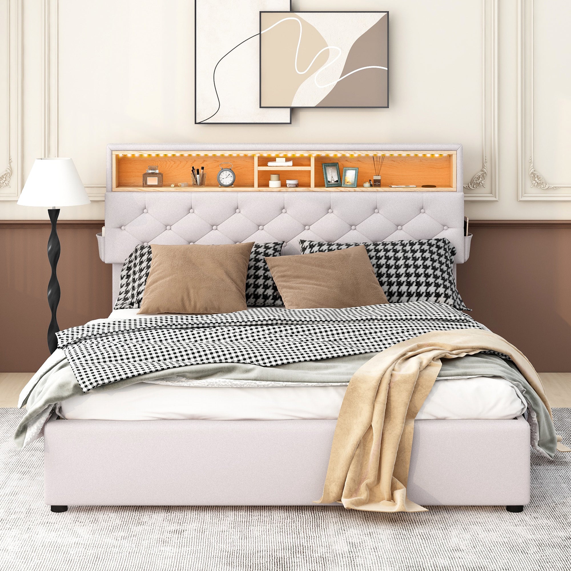 Royard Oaktree Queen Size Upholstered Platform Bed with Storage Headboard, LED Light, USB Charging, 2 Under-bed Drawers