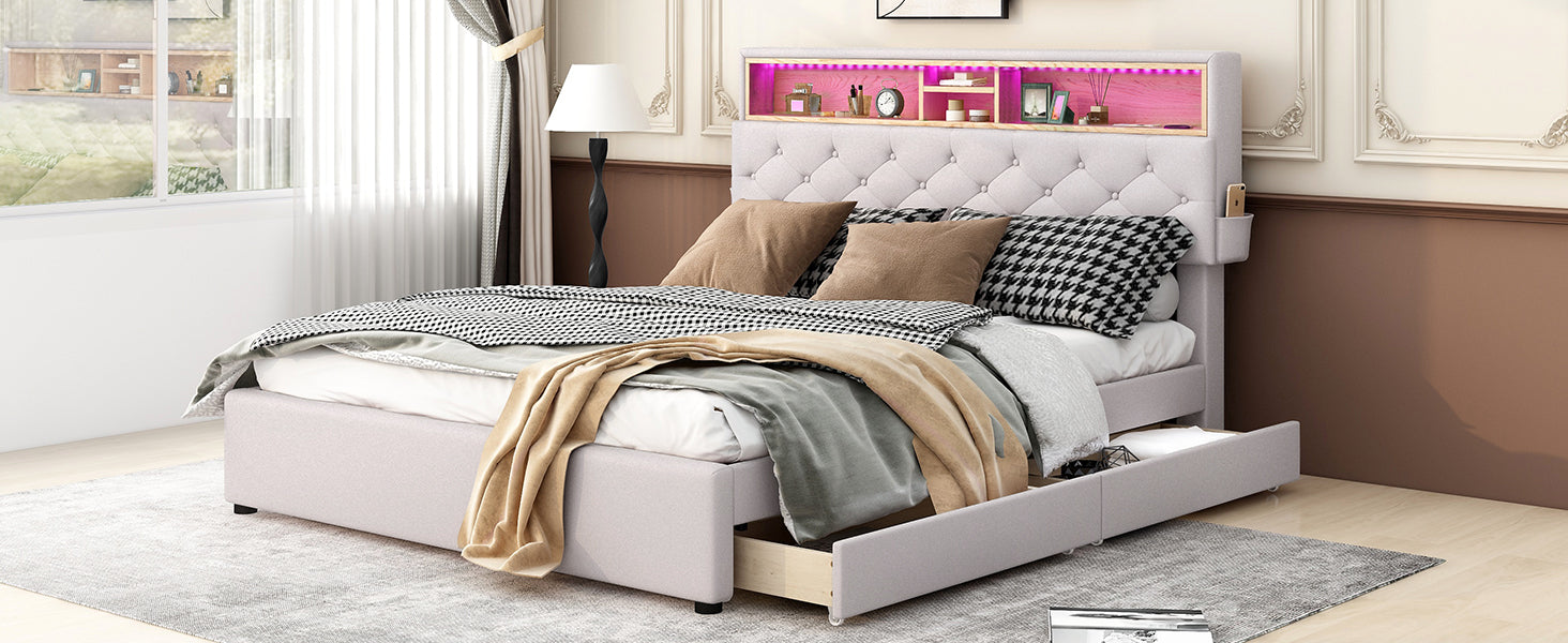 Royard Oaktree Queen Size Upholstered Platform Bed with Storage Headboard, LED Light, USB Charging, 2 Under-bed Drawers