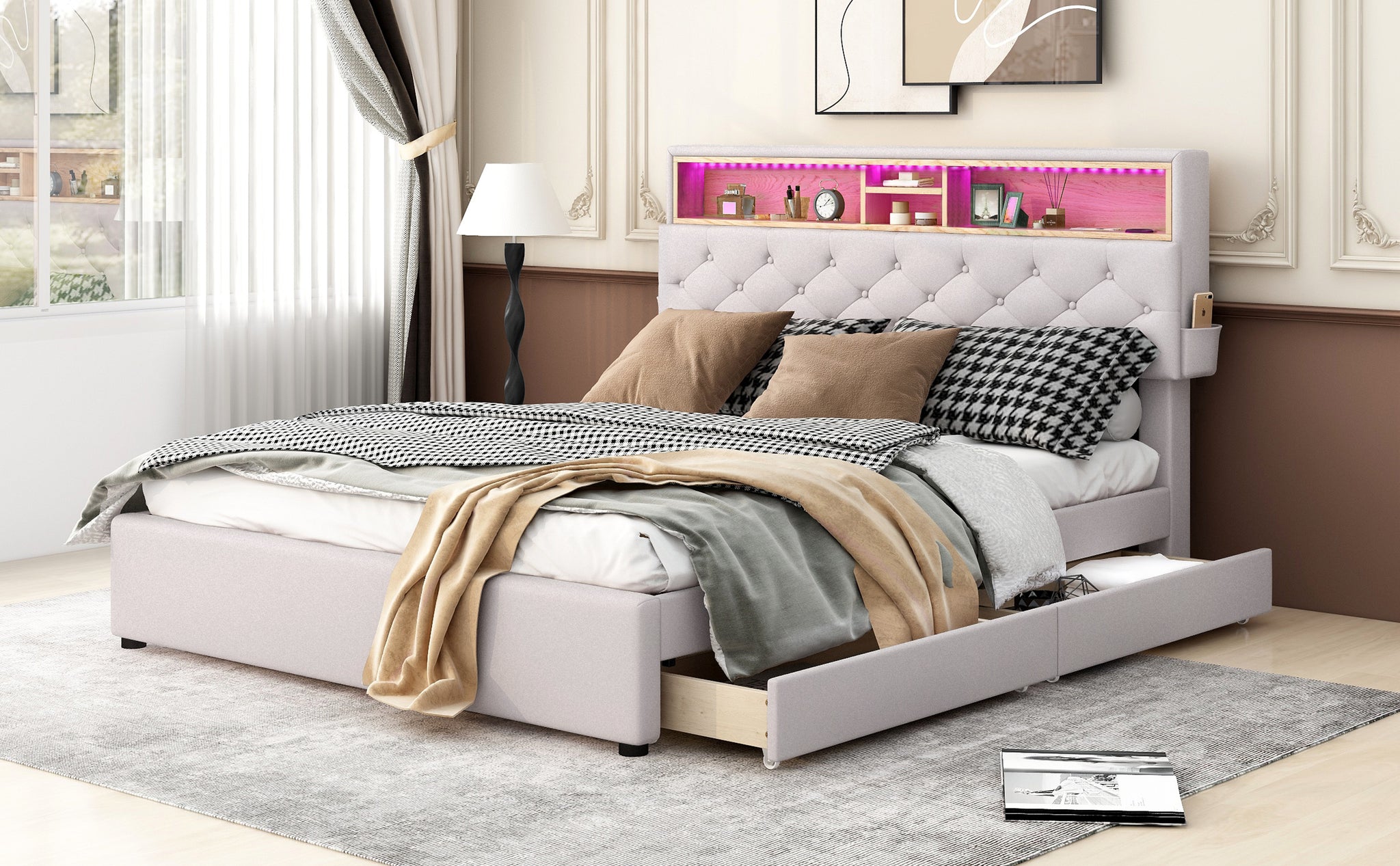 Royard Oaktree Queen Size Upholstered Platform Bed with Storage Headboard, LED Light, USB Charging, 2 Under-bed Drawers