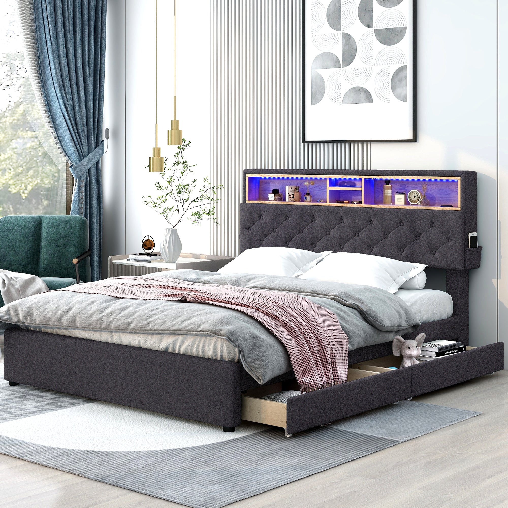 Royard Oaktree Queen Size Upholstered Platform Bed with Storage Headboard, LED Light, USB Charging, 2 Under-bed Drawers