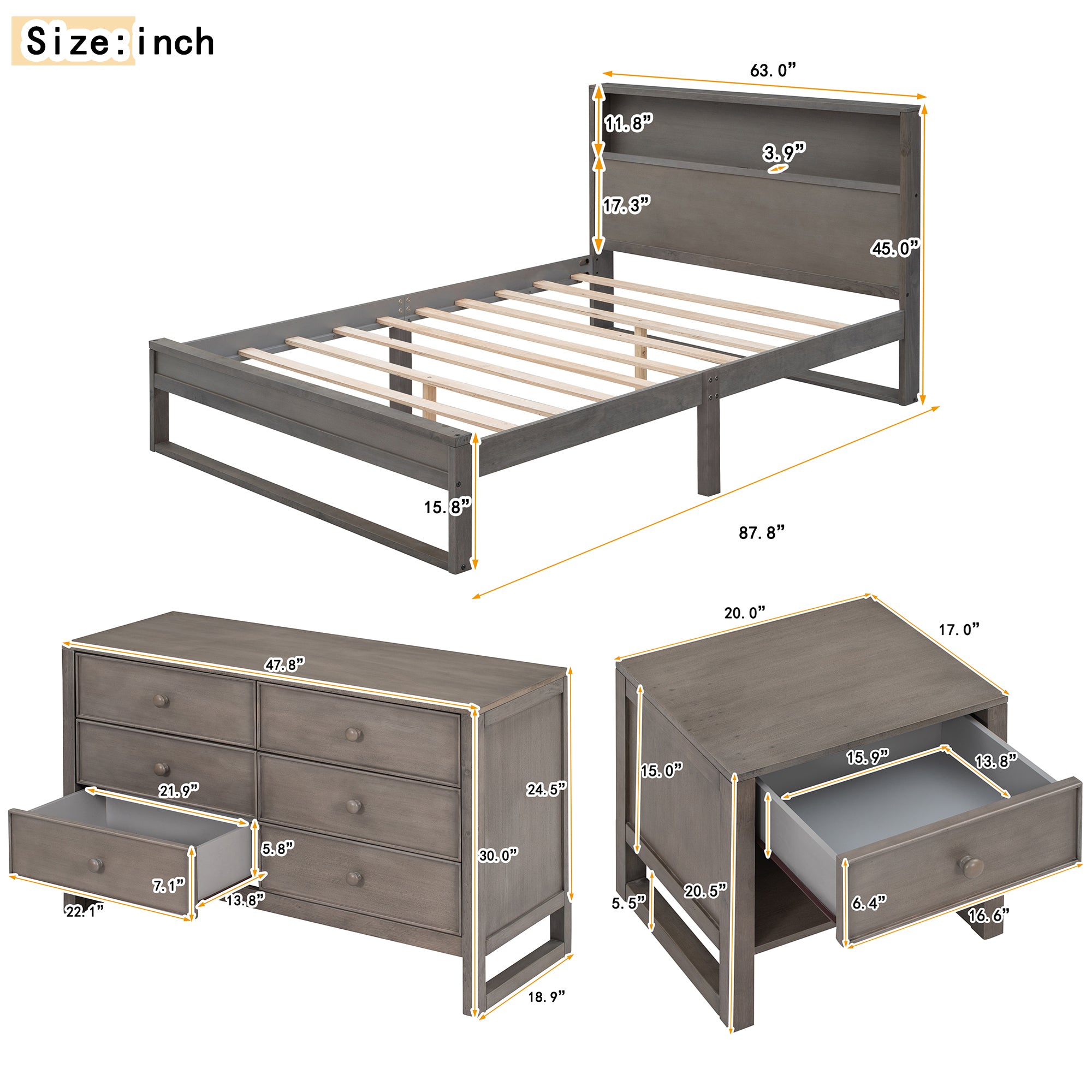 Royard Oaktree 3-Pieces Bedroom Sets Platform Bed with Charge Station, Nightstand with Drawer and Shelf, 6-Drawer Dresser