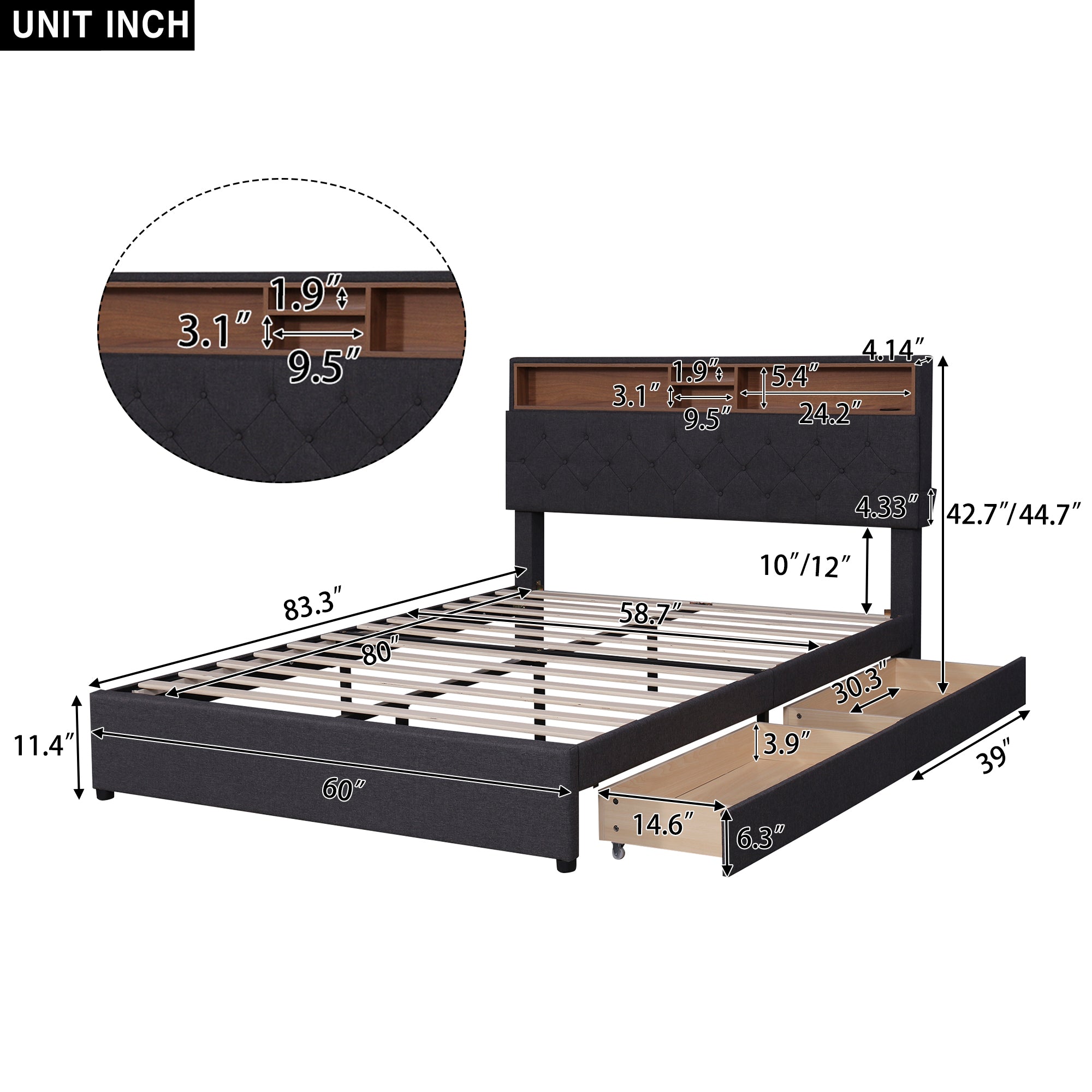 Royard Oaktree Queen Size Upholstered Platform Bed with Storage Headboard, LED Light, USB Charging, 2 Under-bed Drawers