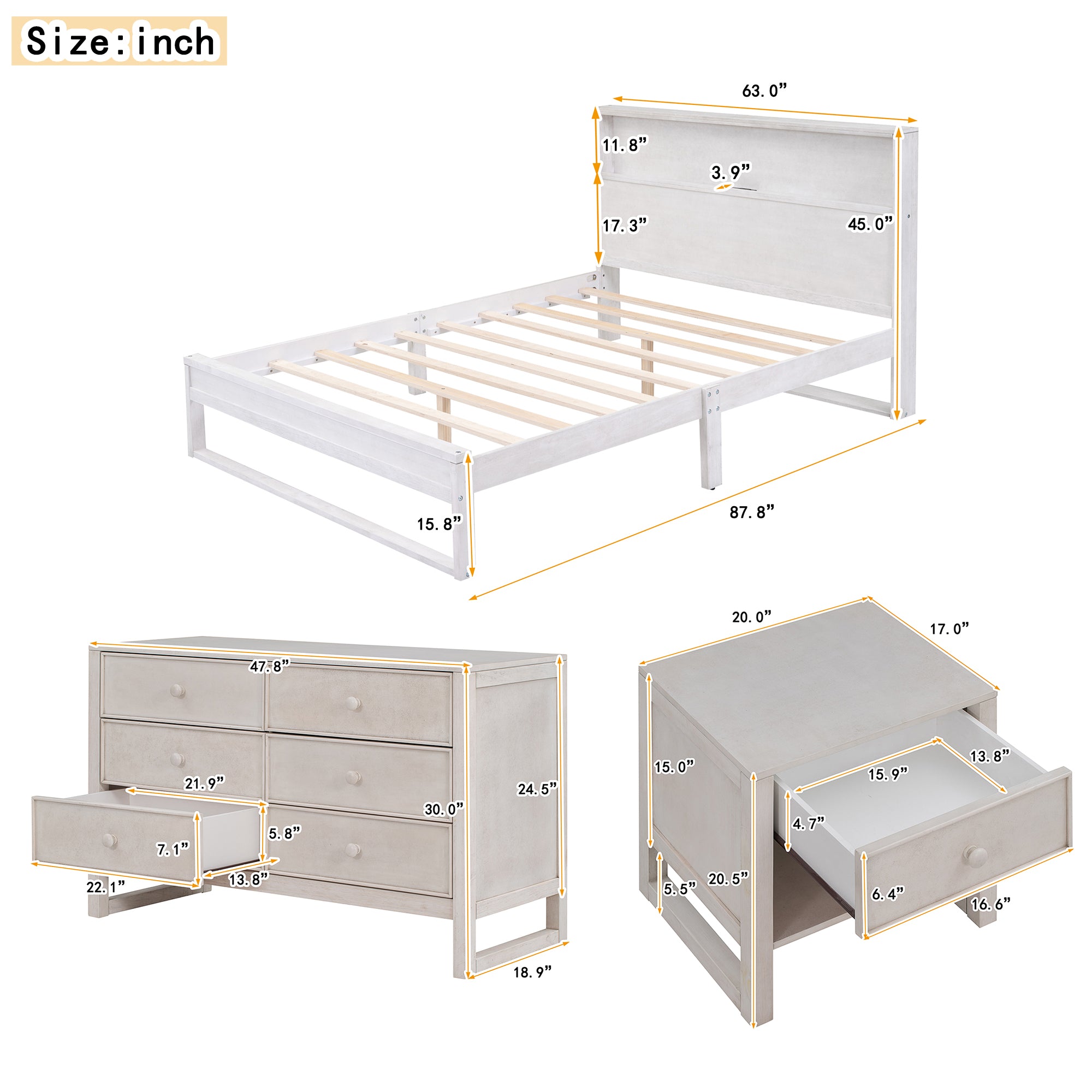 Royard Oaktree 3-Pieces Bedroom Sets Platform Bed with Charge Station, Nightstand with Drawer and Shelf, 6-Drawer Dresser