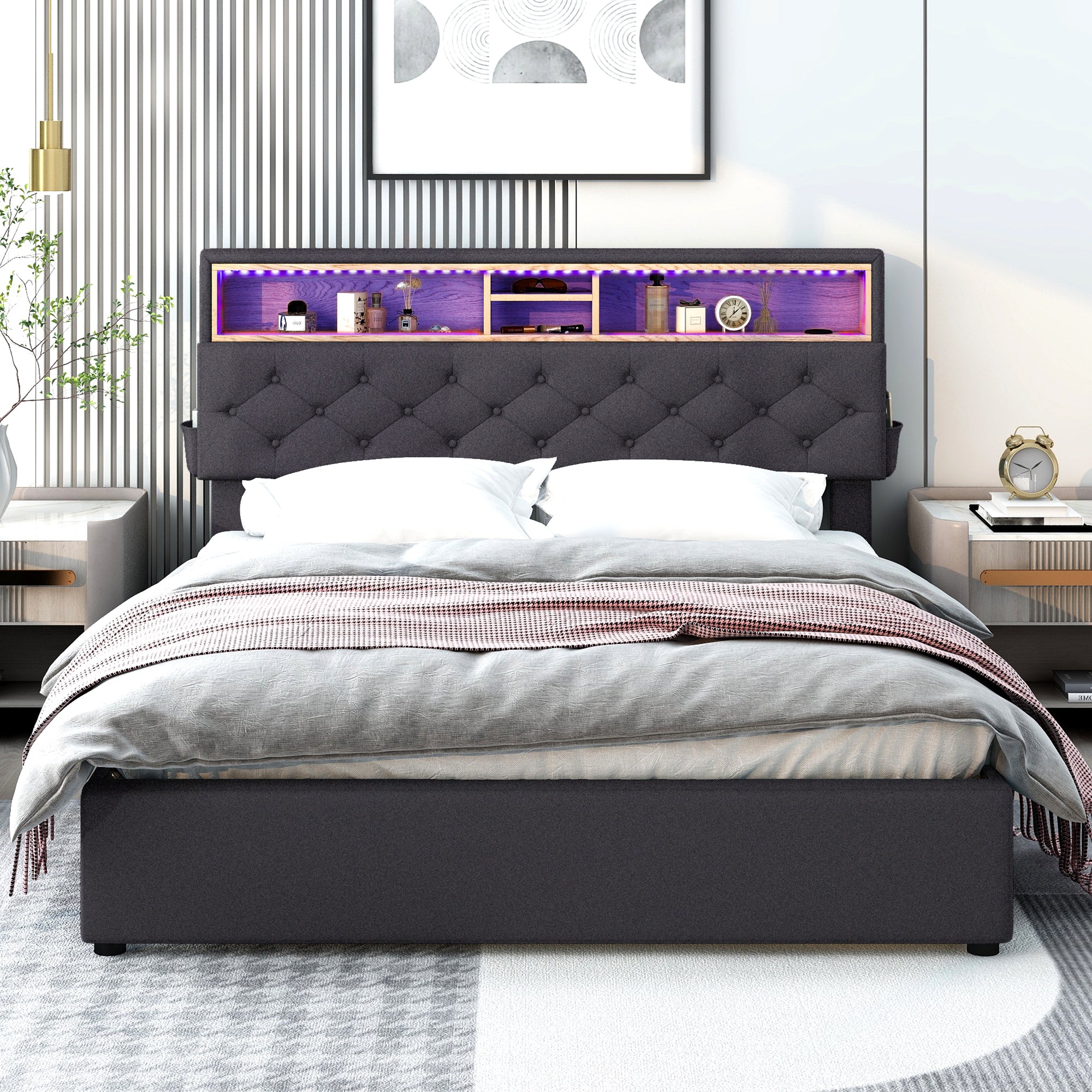 Royard Oaktree Queen Size Upholstered Platform Bed with Storage Headboard, LED Light, USB Charging, 2 Under-bed Drawers