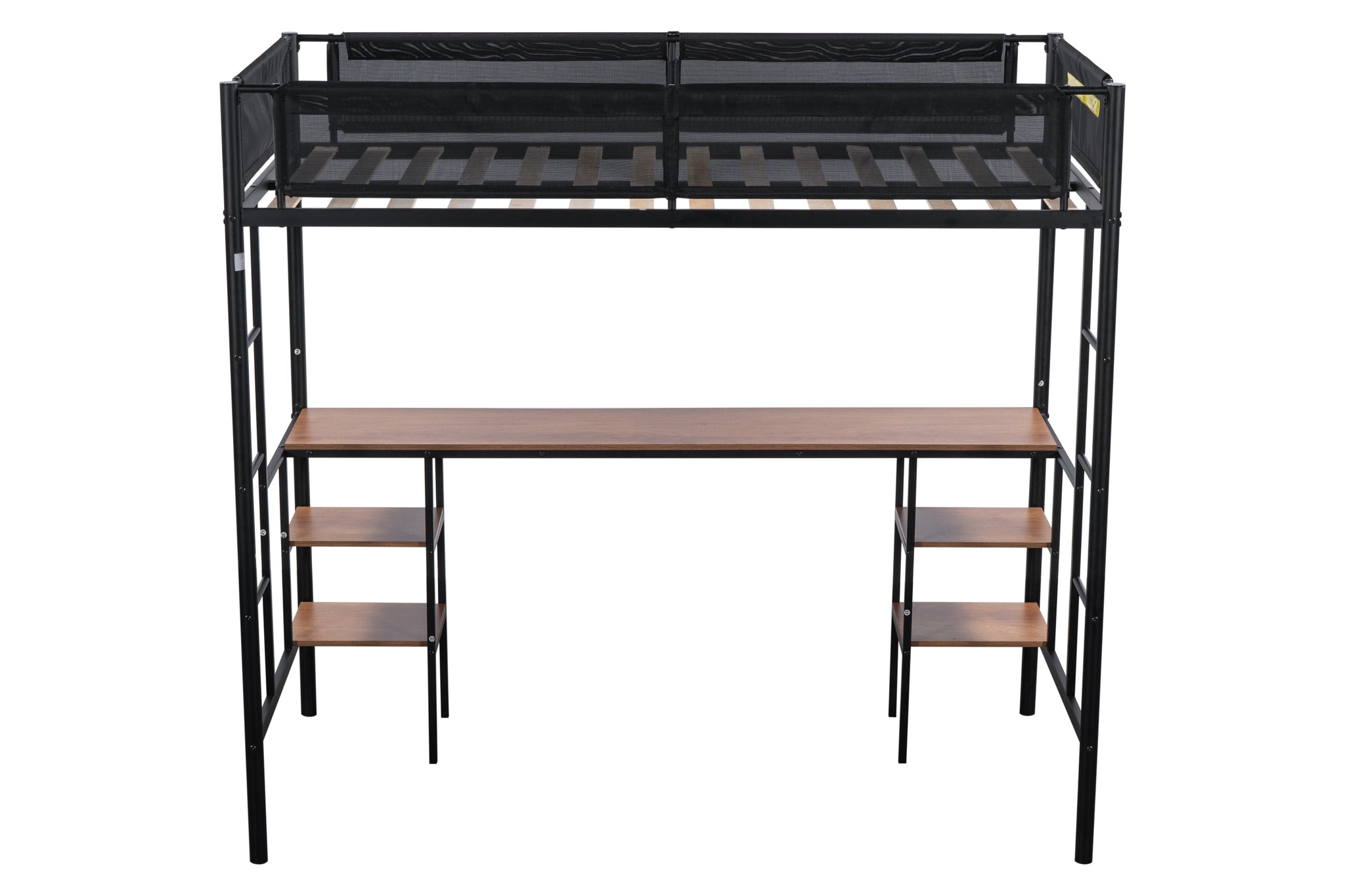 Royard Oaktree Metal Loft Bed with Built-in Desk and Shelves Twin Size Metal Bed Frame with Wood Slat and Textilene Guardrail