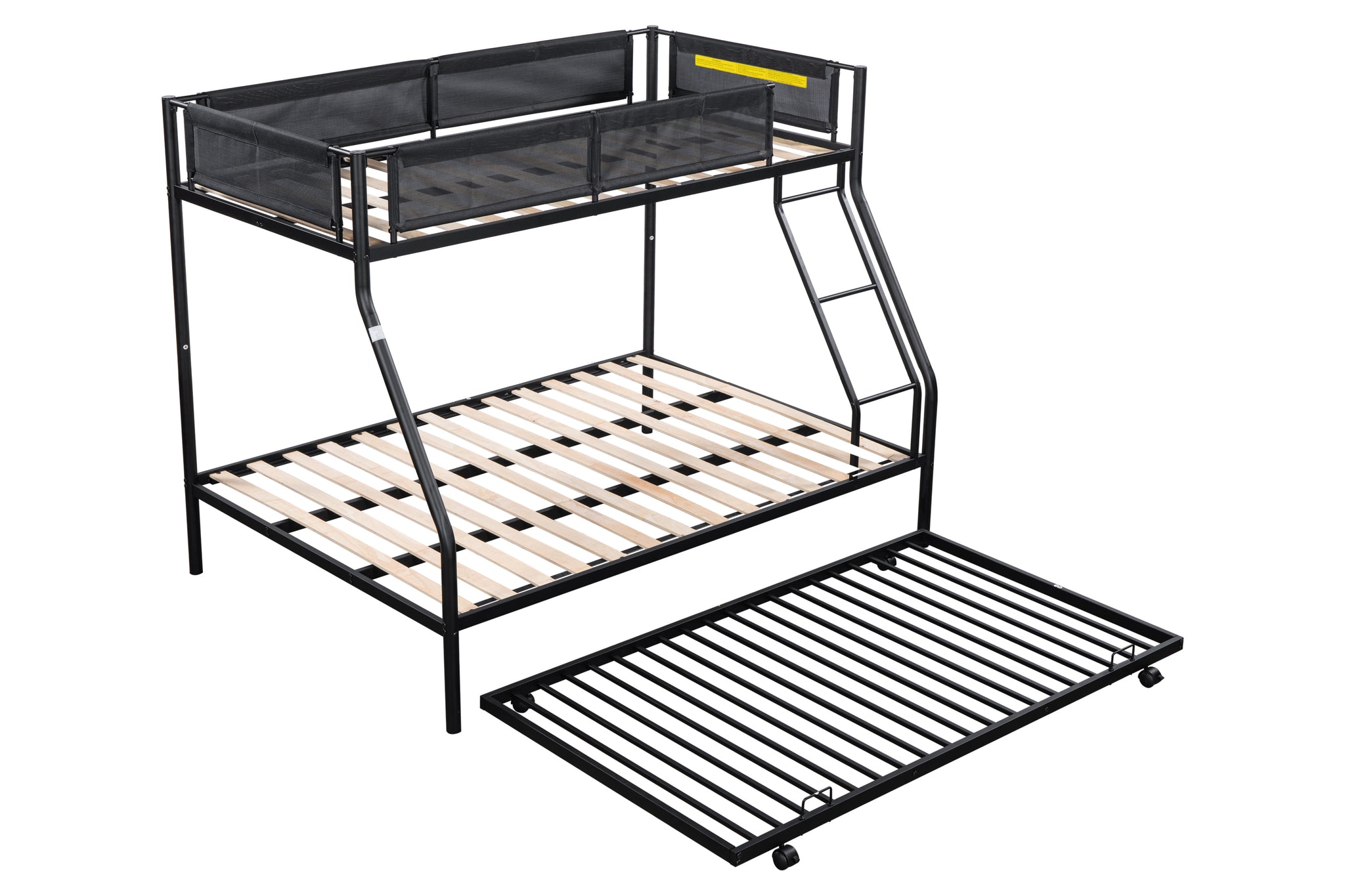 Royard Oaktree Twin over Full Bunk Bed with Trundle Metal Bunk Bed Frame with Wood Slat and Textilene Guardrail